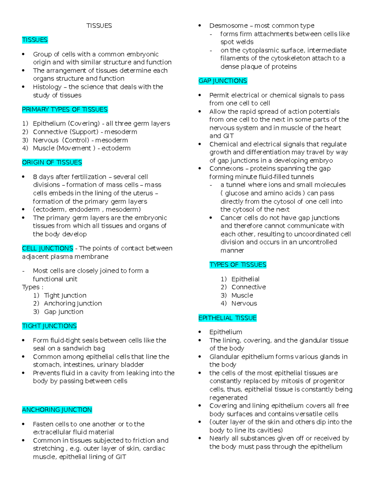 Tissues Overview and Review - Biology 101 Study Guide - Studocu