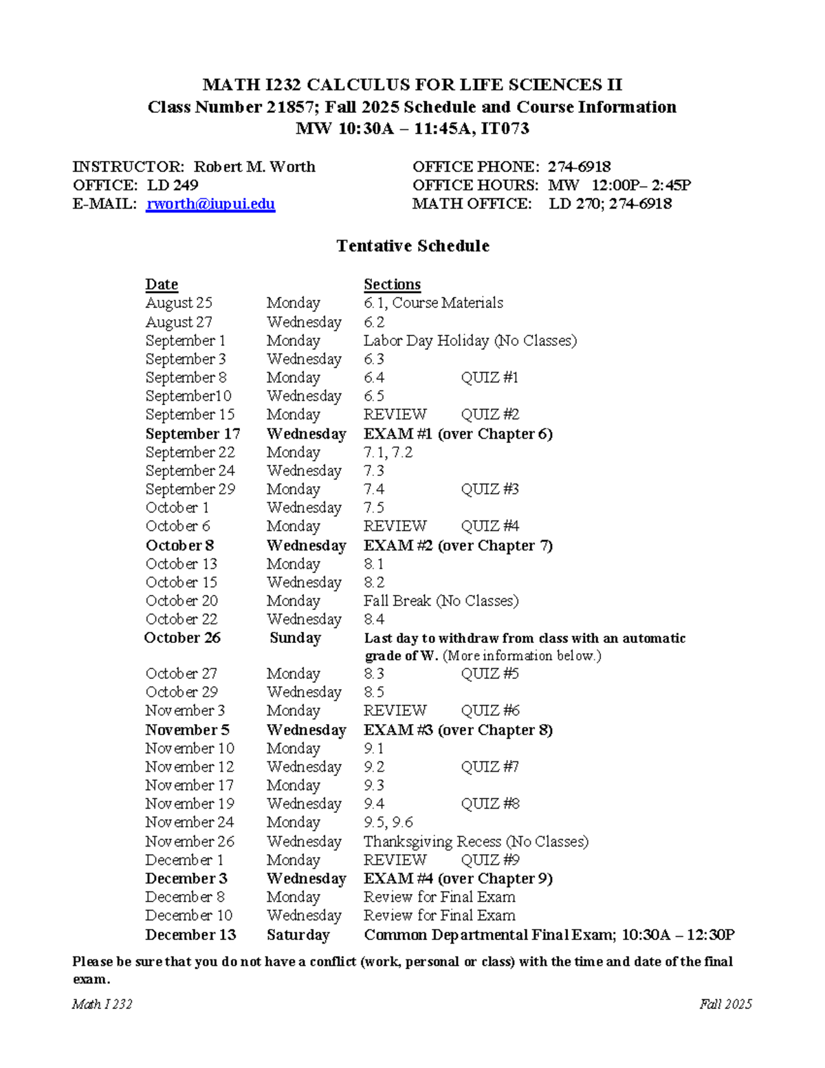 MATH I232 Syllabus: Calculus for Life Sciences II - Fall 2025 - Studocu