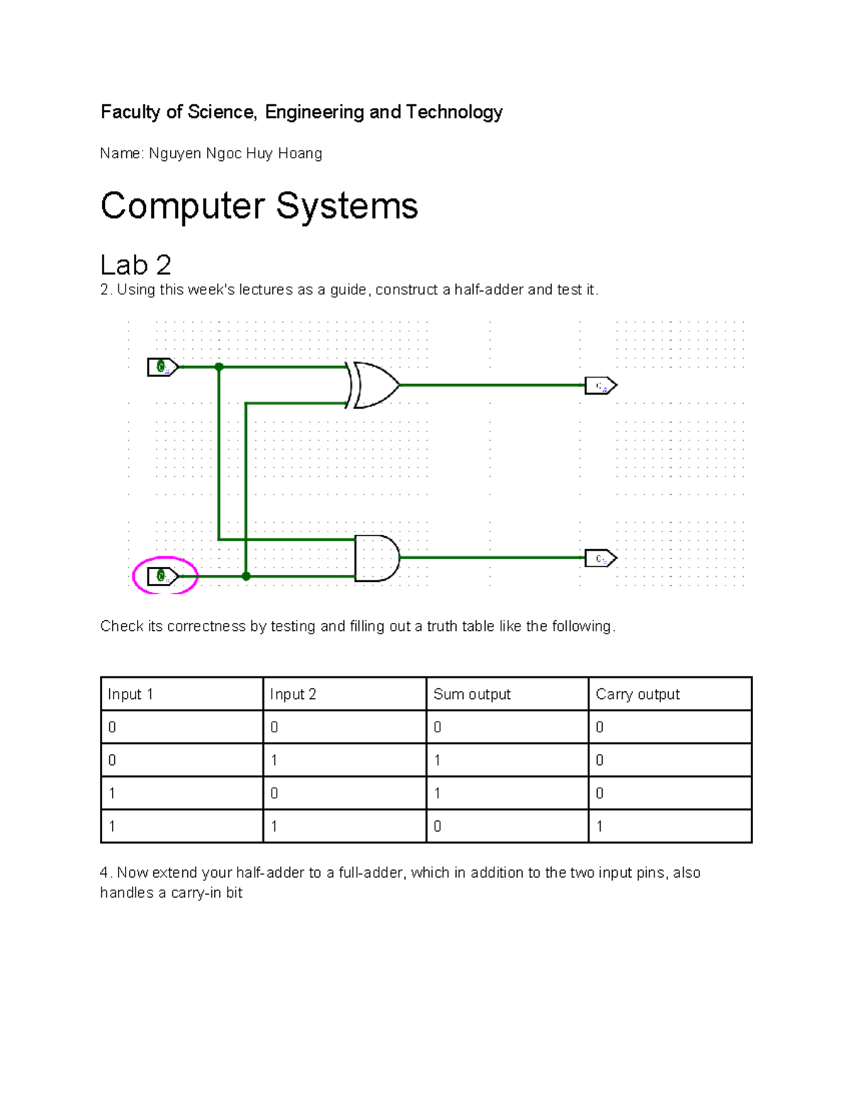 Lab 2 - Half-Adder and Full-Adder Design and Testing - Studocu