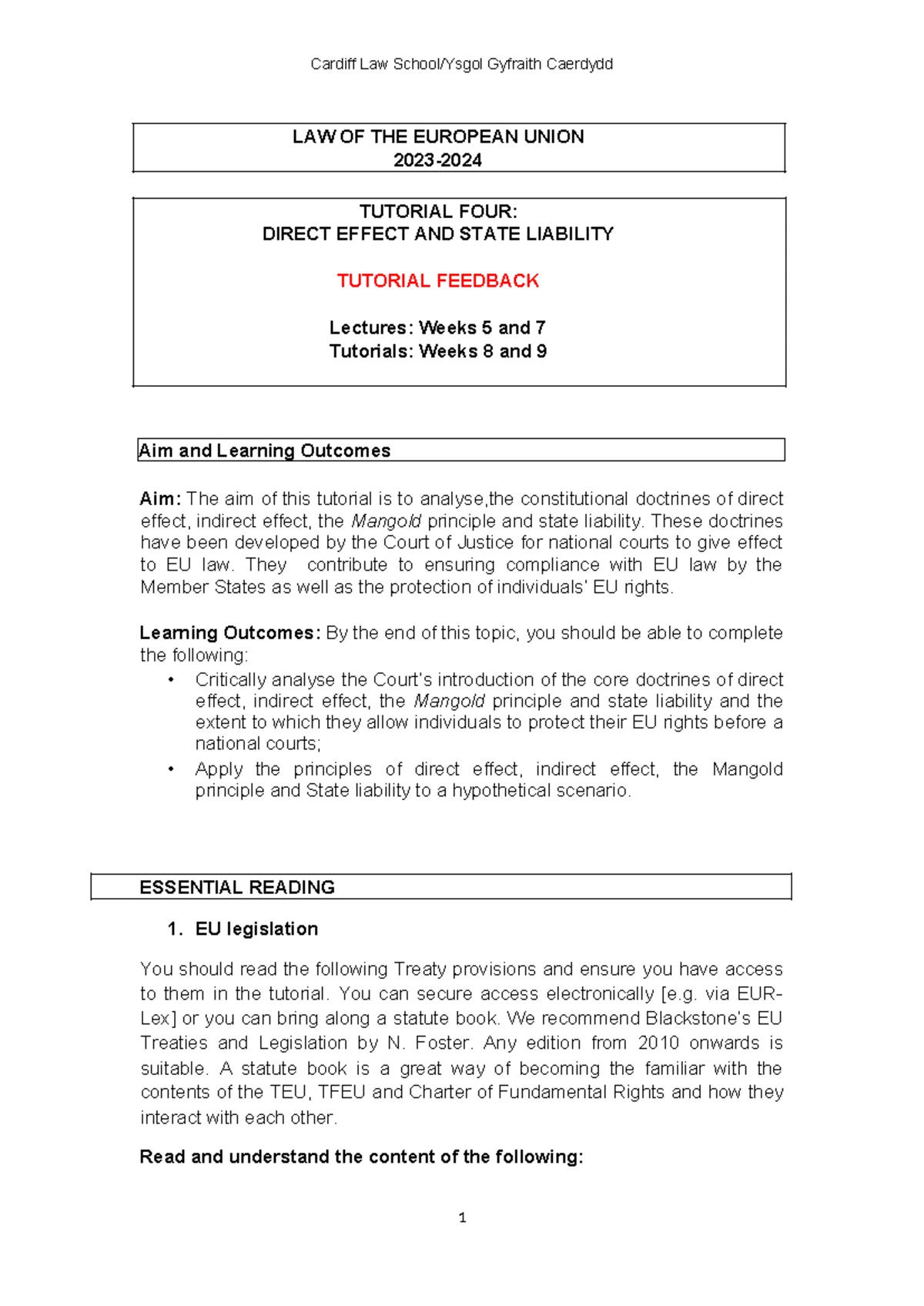 Cardiff Law Gyfraith Caerdydd LAW OF THE EU TUTORIAL 4: Direct Effect ...