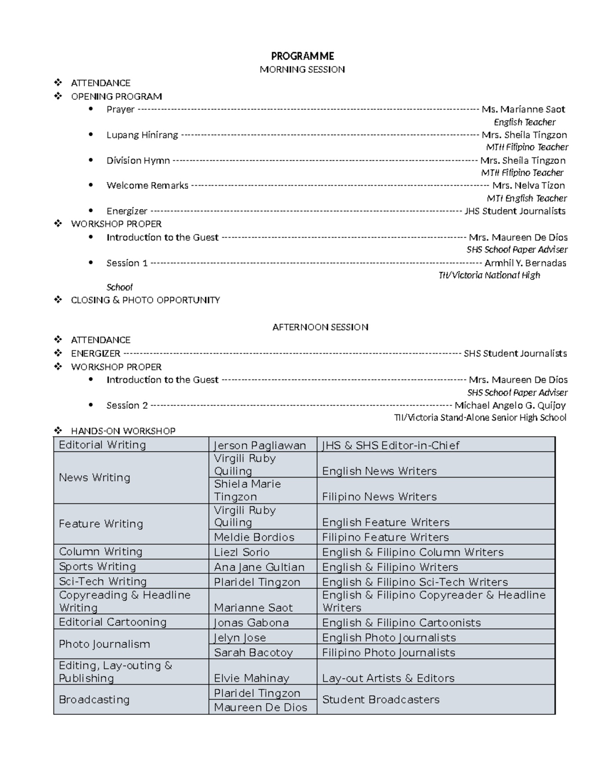 Programme for Morning Session Attendance & Workshop Activities - Studocu