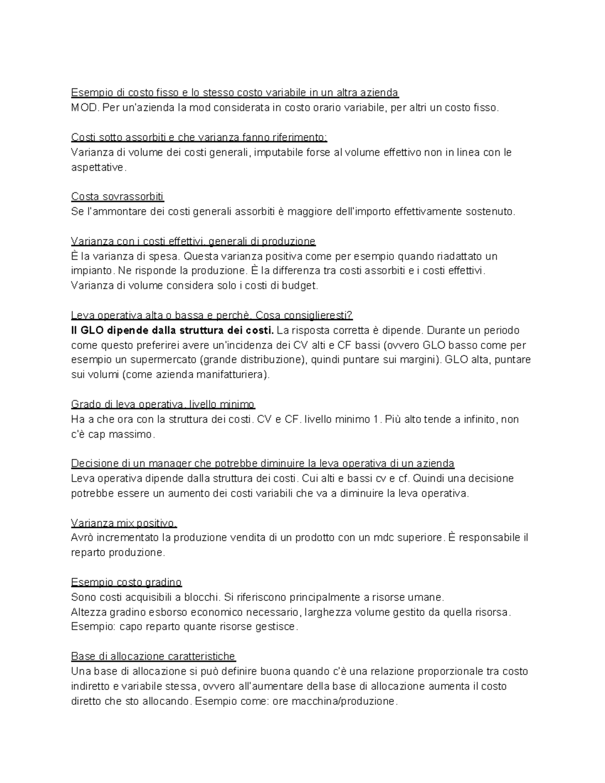 Esame orale analisi e contabilità dei costi - Esempio di costo fisso e ...