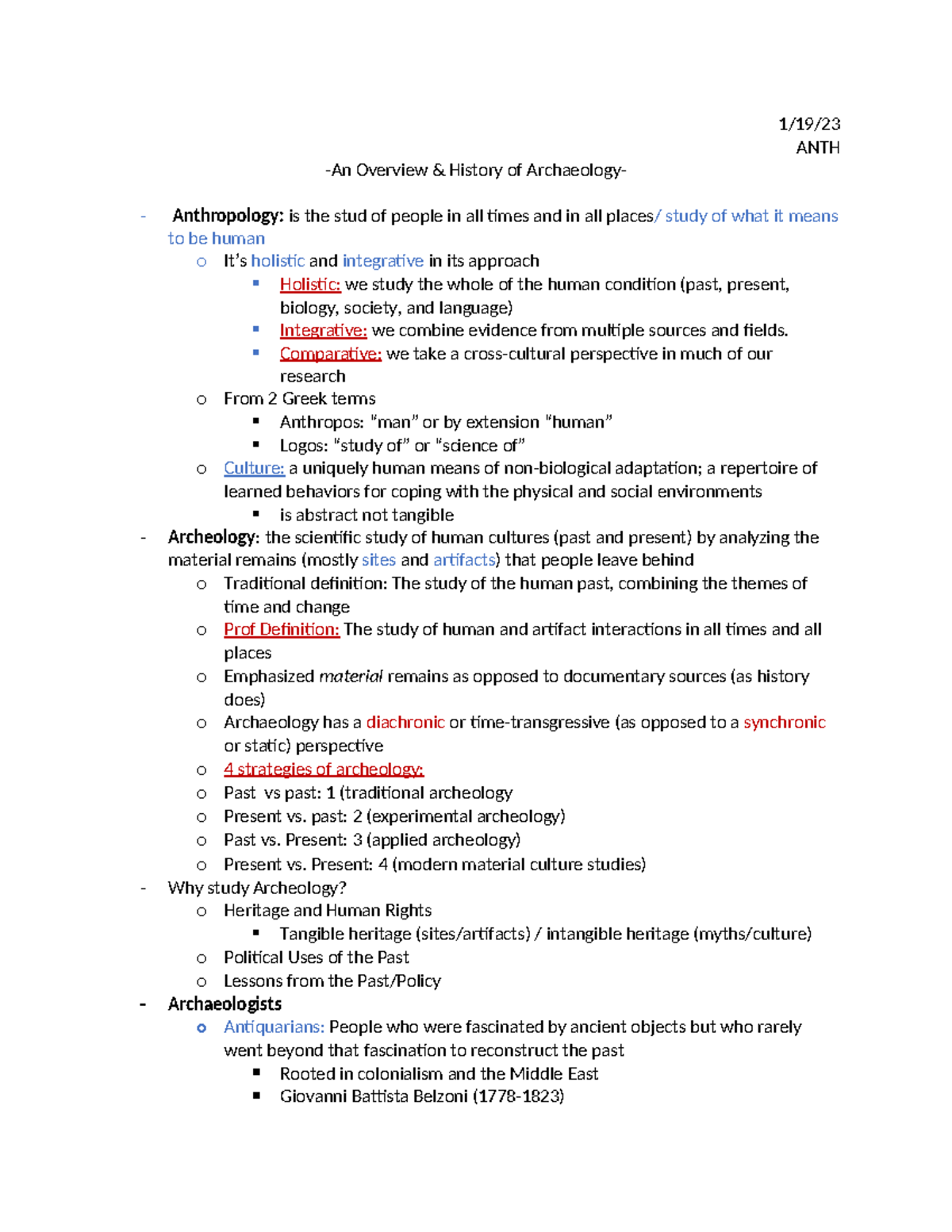 ANTH Lecture Notes (1-19-23) - 1/19/ ANTH -An Overview & History of ...