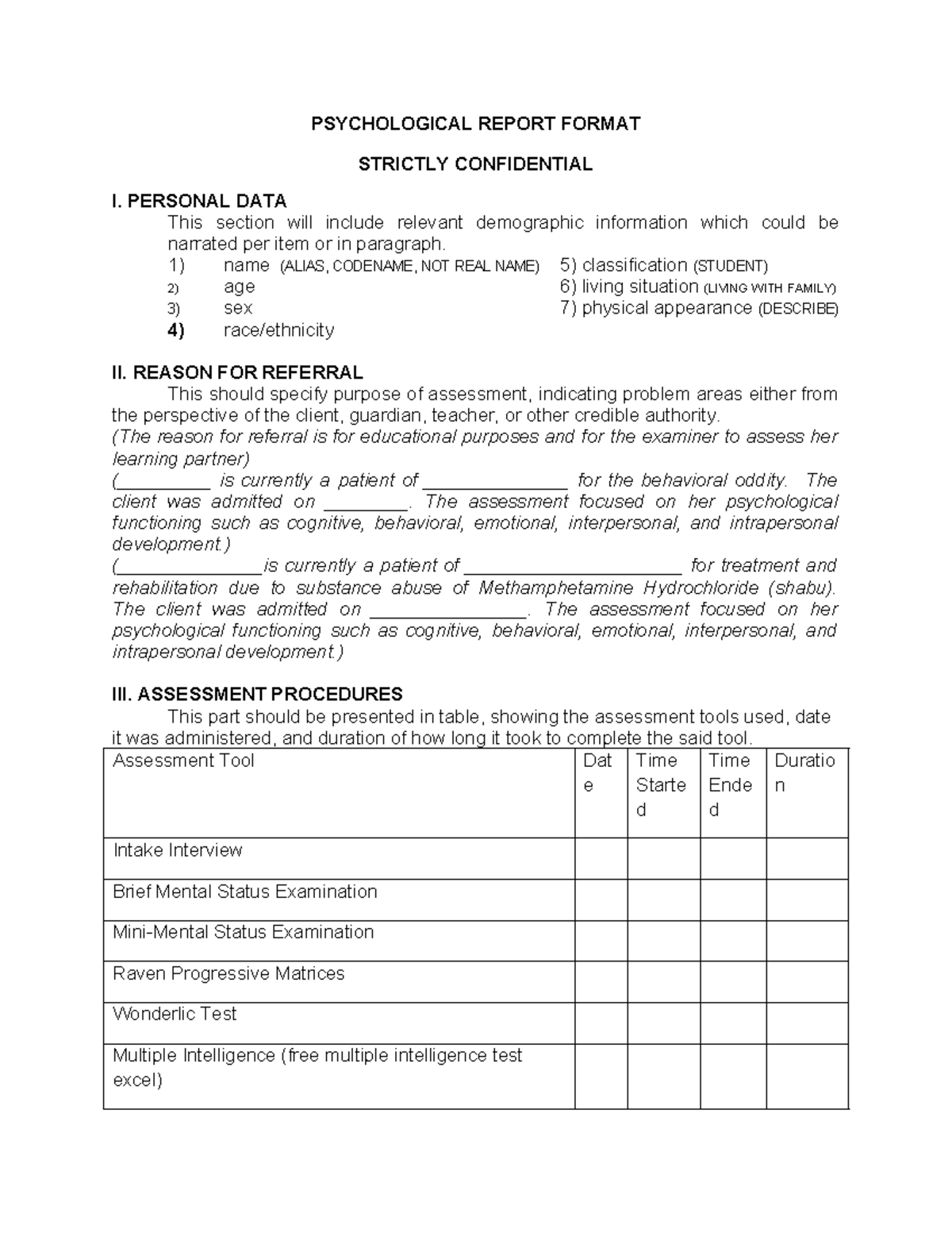 Psychological Report Format for Assessment (PSY 101) - Studocu