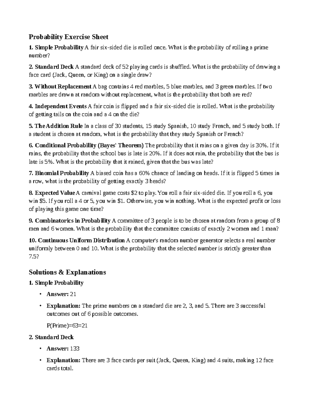 Probability Exercise Sheet 1: Key Concepts and Solutions - Studocu