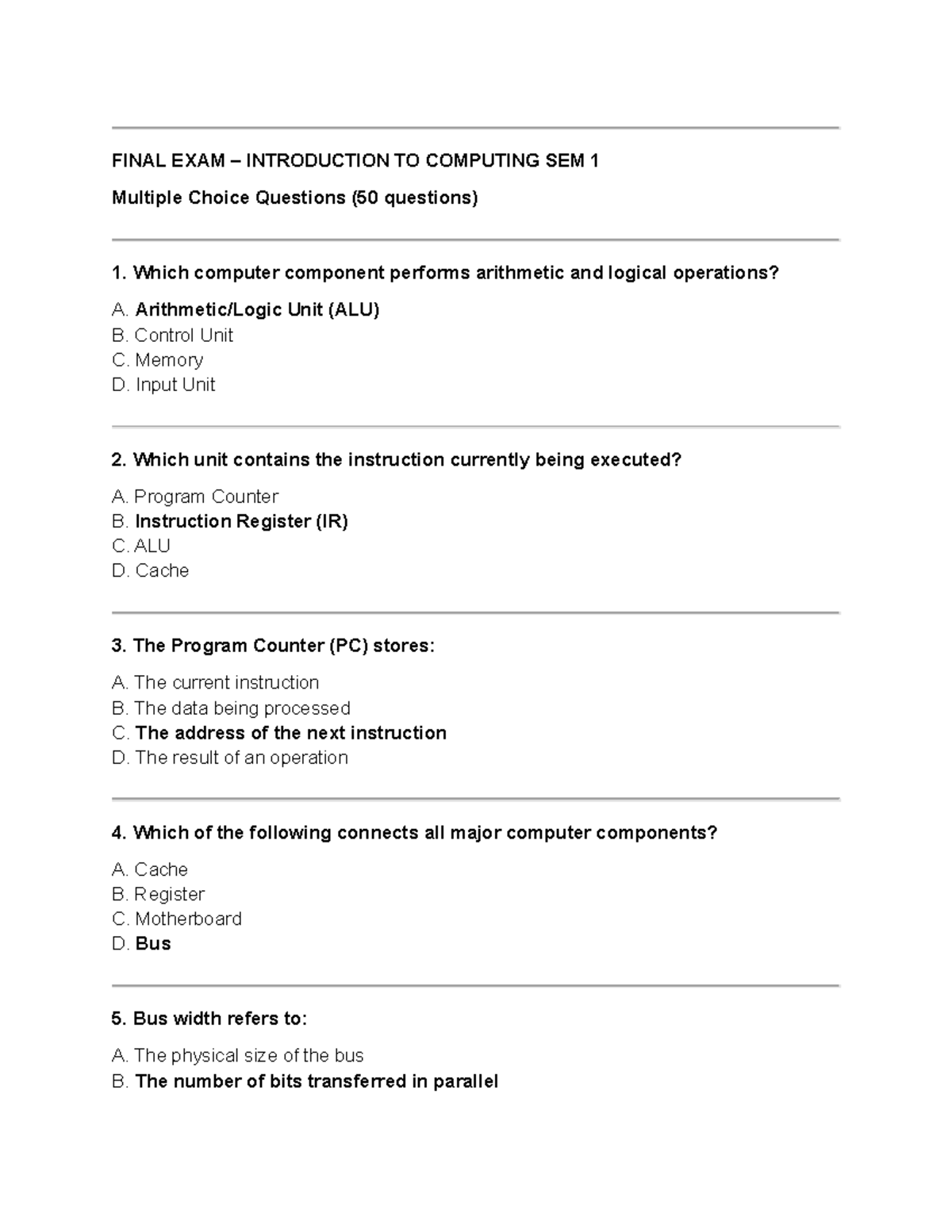 FINAL EXAM INTRODUCTION TO COMPUTING SEM 1 & SEM 2 MCQs - Studocu