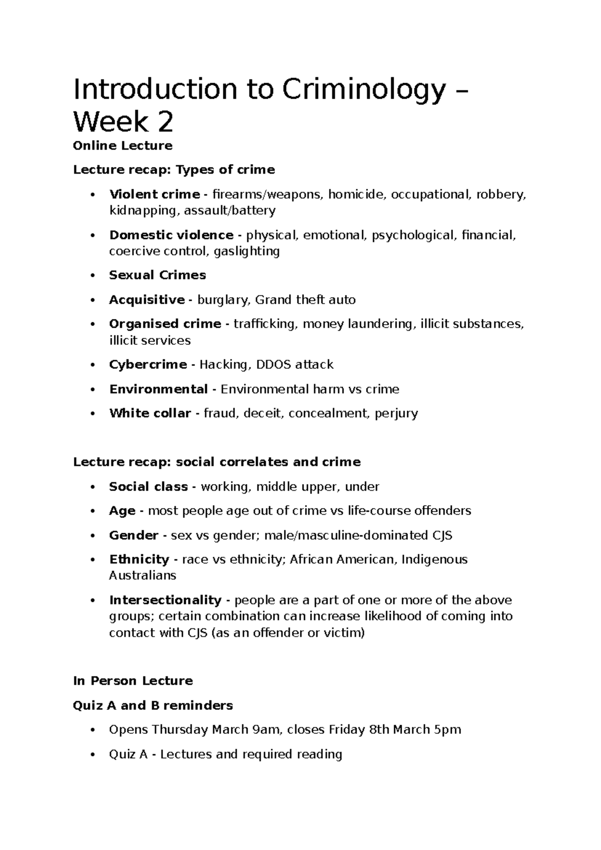 Introduction to Criminology - Week 2 Lecture Recap Notes - Studocu