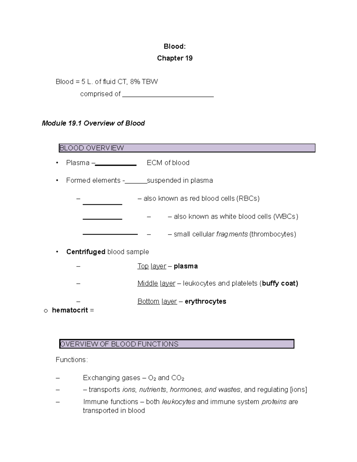 CH 19 Blood Overview: Functions, Components, and Hemostasis - Studocu