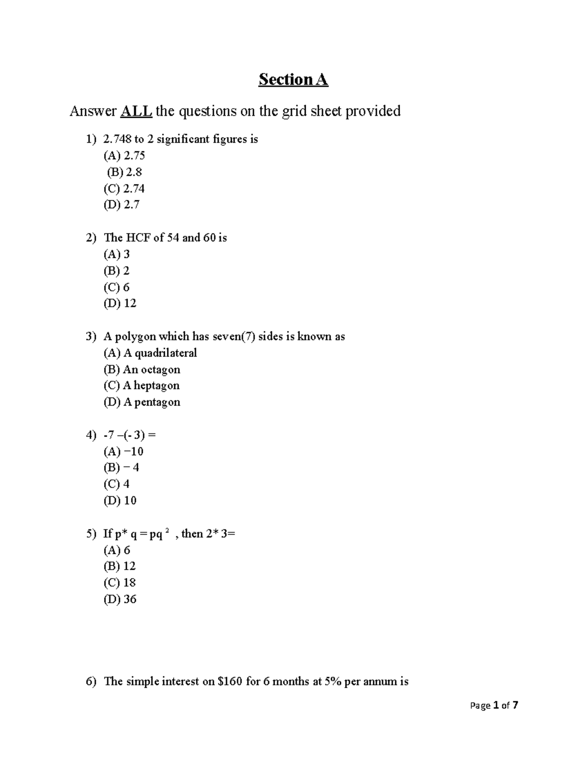 MATH TEST 2 - CSEC Practice Questions and Answers - Studocu