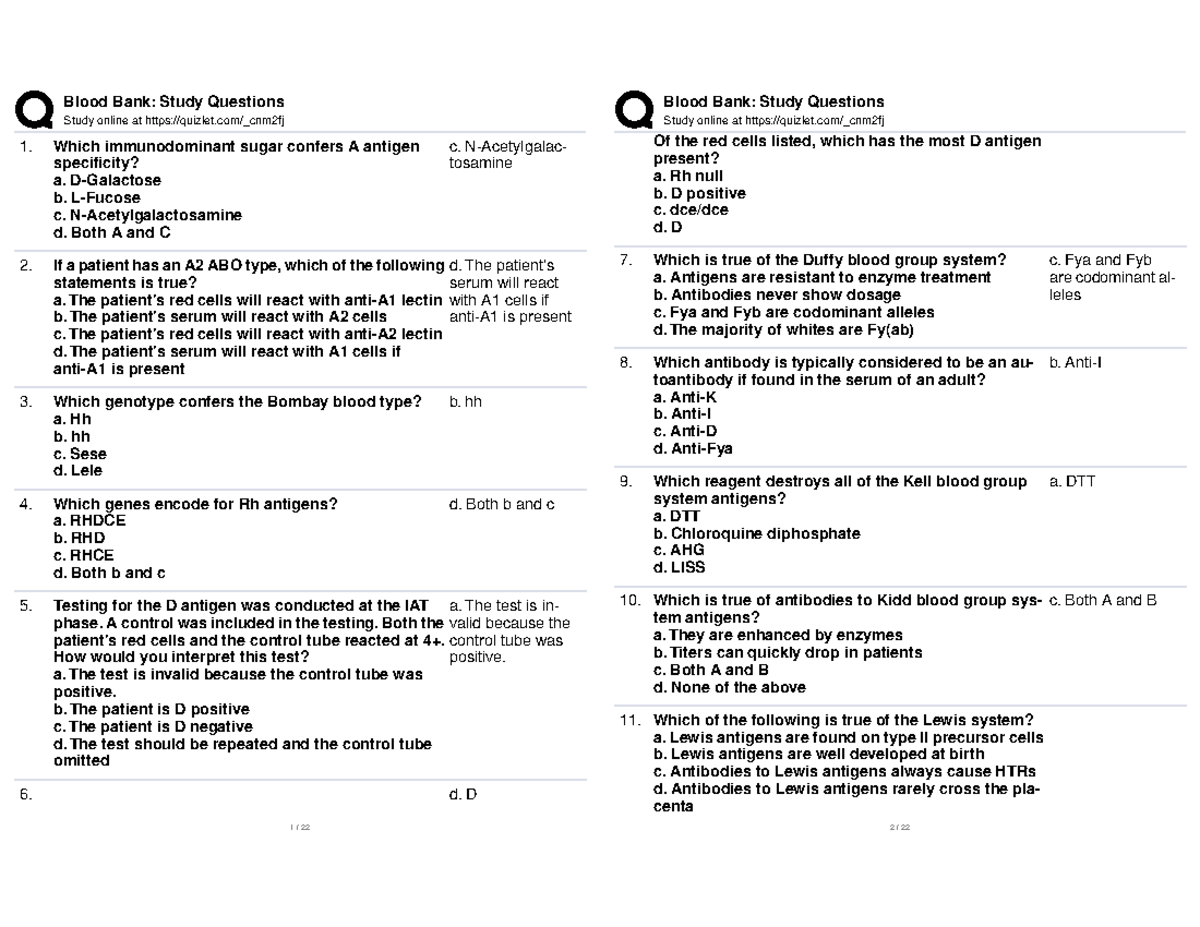 BB 2023 Study Questions on Blood Typing and Transfusion - Studocu
