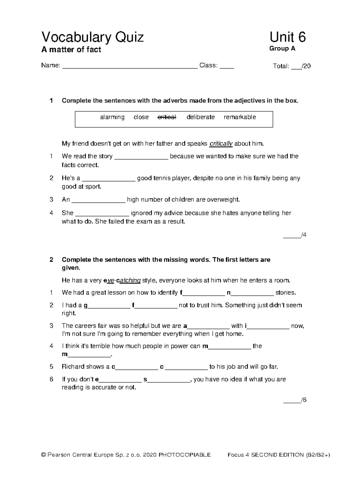Focus 4 2E Vocabulary Quiz Unit 6 - Group A - Studocu
