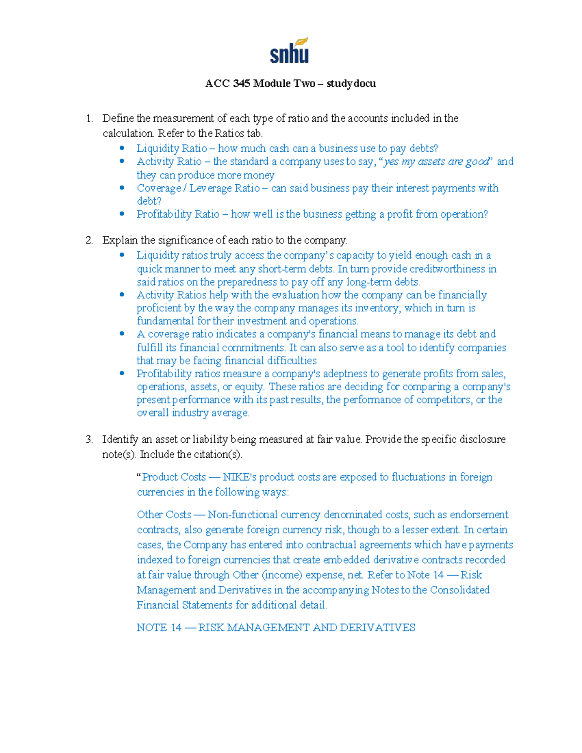 ACC 345 Module Two Assignment: Understanding Financial Ratios - Studocu