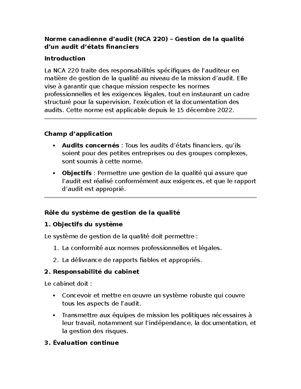Norme canadienne (NCA 220) – Gestion de la qualité des audits ...