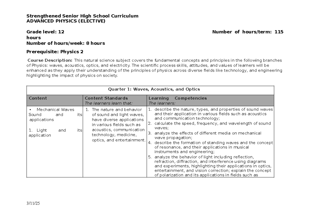 CG Advanced Physics 12 - Curriculum Guide for Elective Course - Studocu