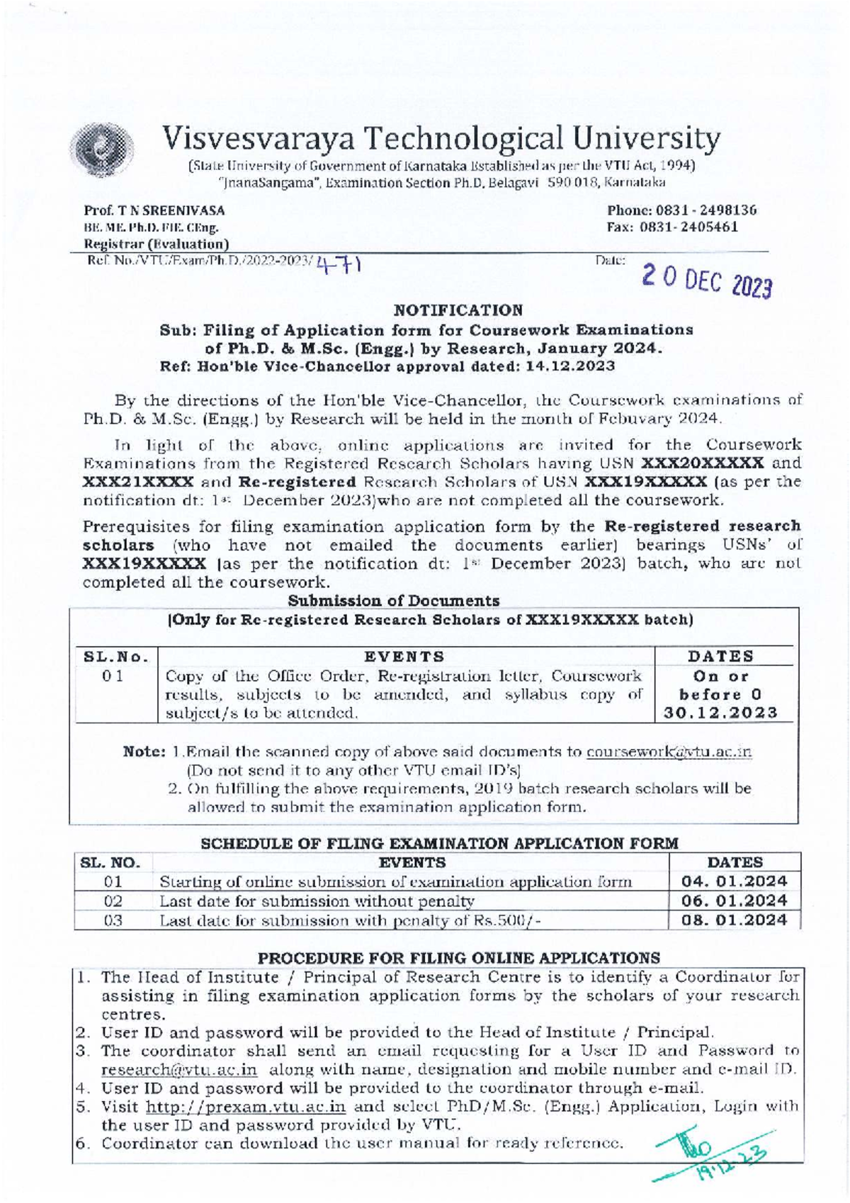 VTU Ph.D. Coursework Exam Notification - January 2024 - Studocu