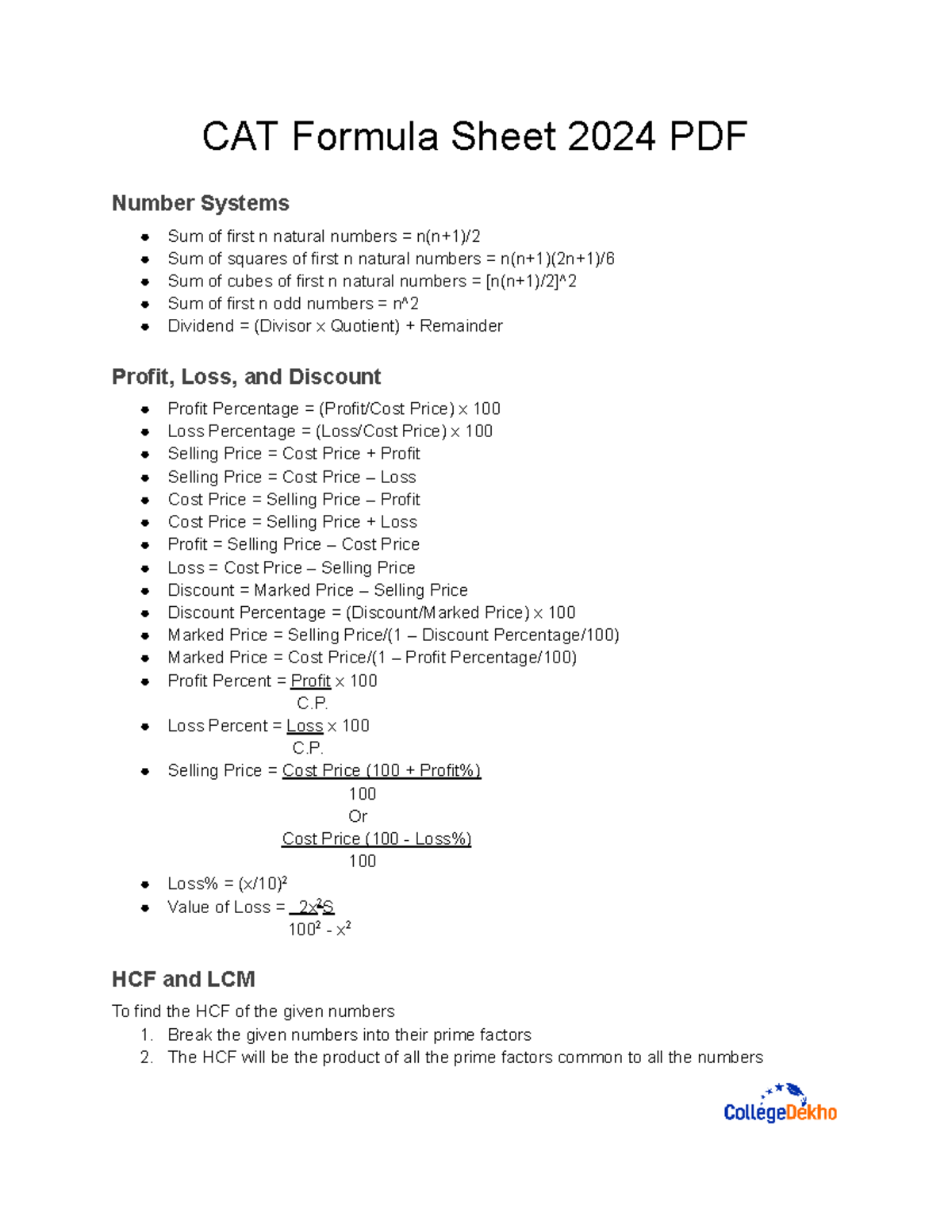 CAT Formula Sheet 2024 PDF: Comprehensive Math Concepts - Studocu