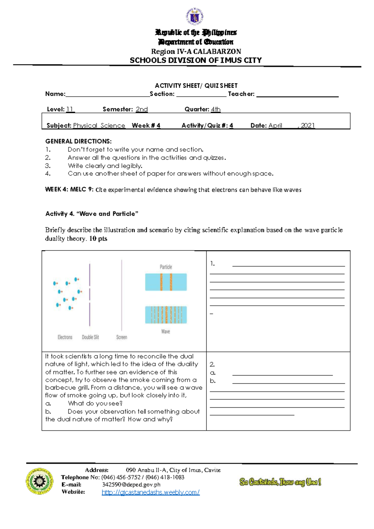 Physical Science 11 Activity/Quiz Sheet - Week 4 Exploration - Studocu