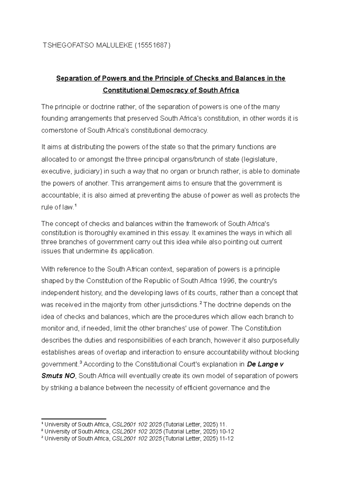 CSL2601 Assignment 1: Separation of Powers & Checks and Balances in SA ...