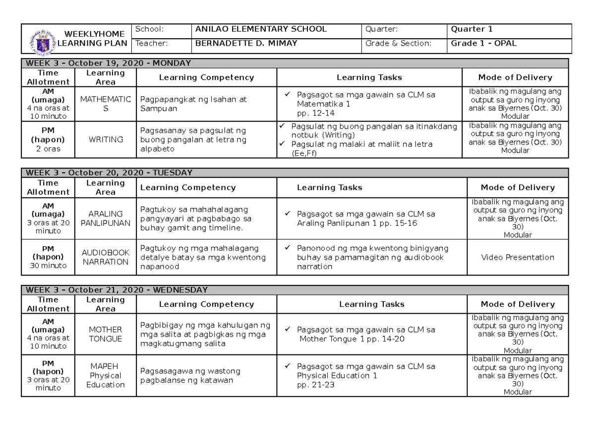 WHLP-Q1W3 - Activities for week 3 - WEEKLYHOME LEARNING PLAN School ...
