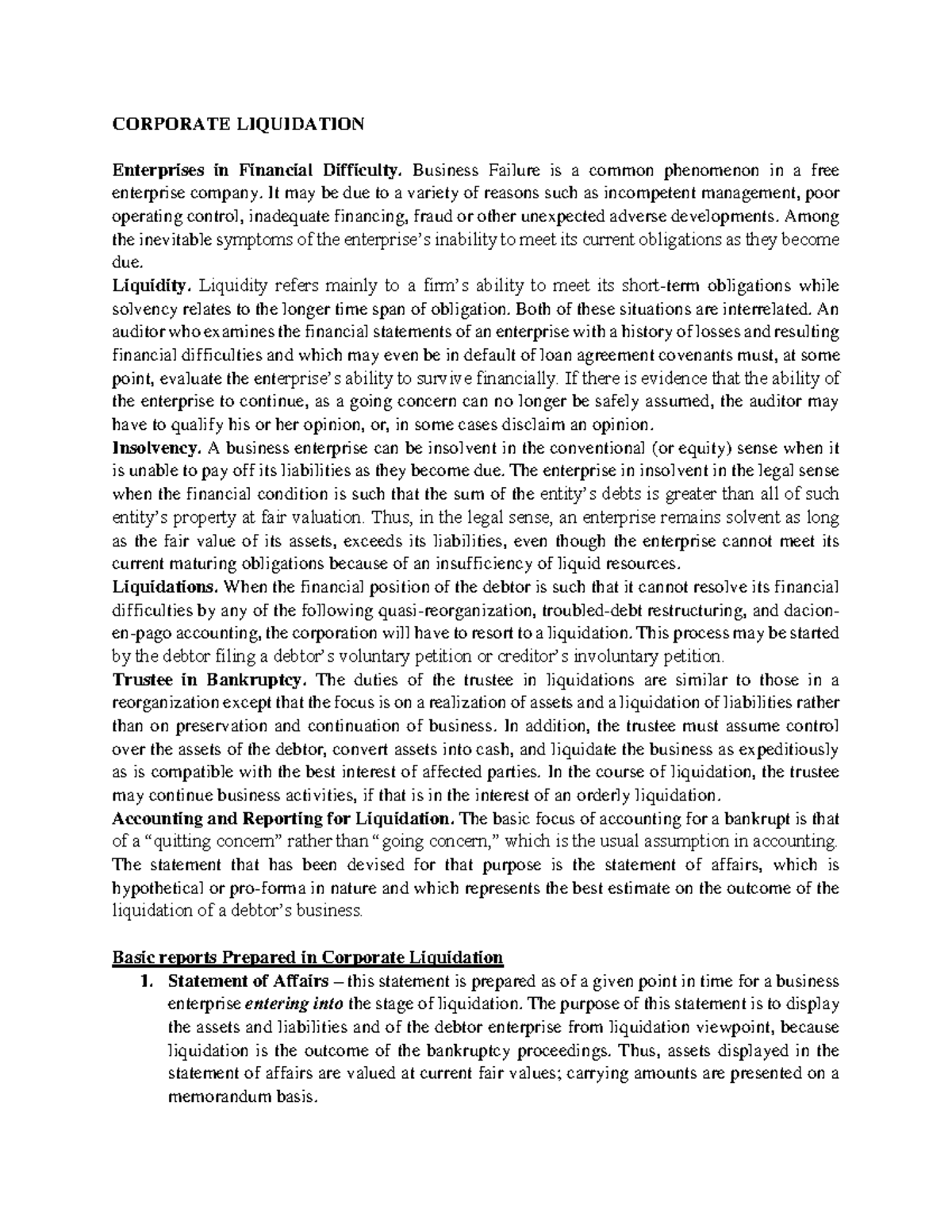 Corporate Liquidation: Key Concepts and Sample Problems - Studocu