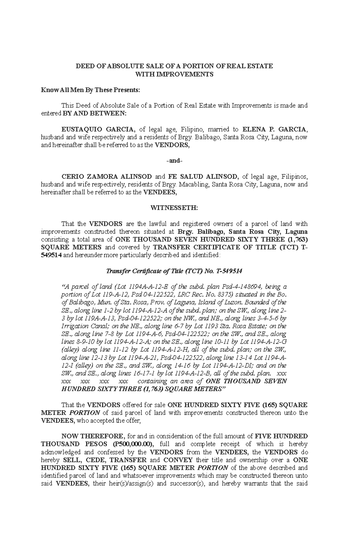 DOAS Eustaquio 2 FE - Deed of Absolute Sale & Acknowledgment Details ...