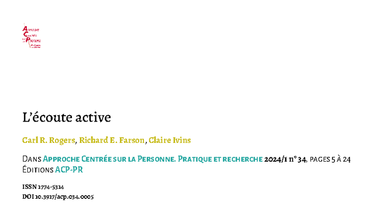 Rogers 2024 - L'écoute active selon Carl R. Rogers et Richard E. Farson ...