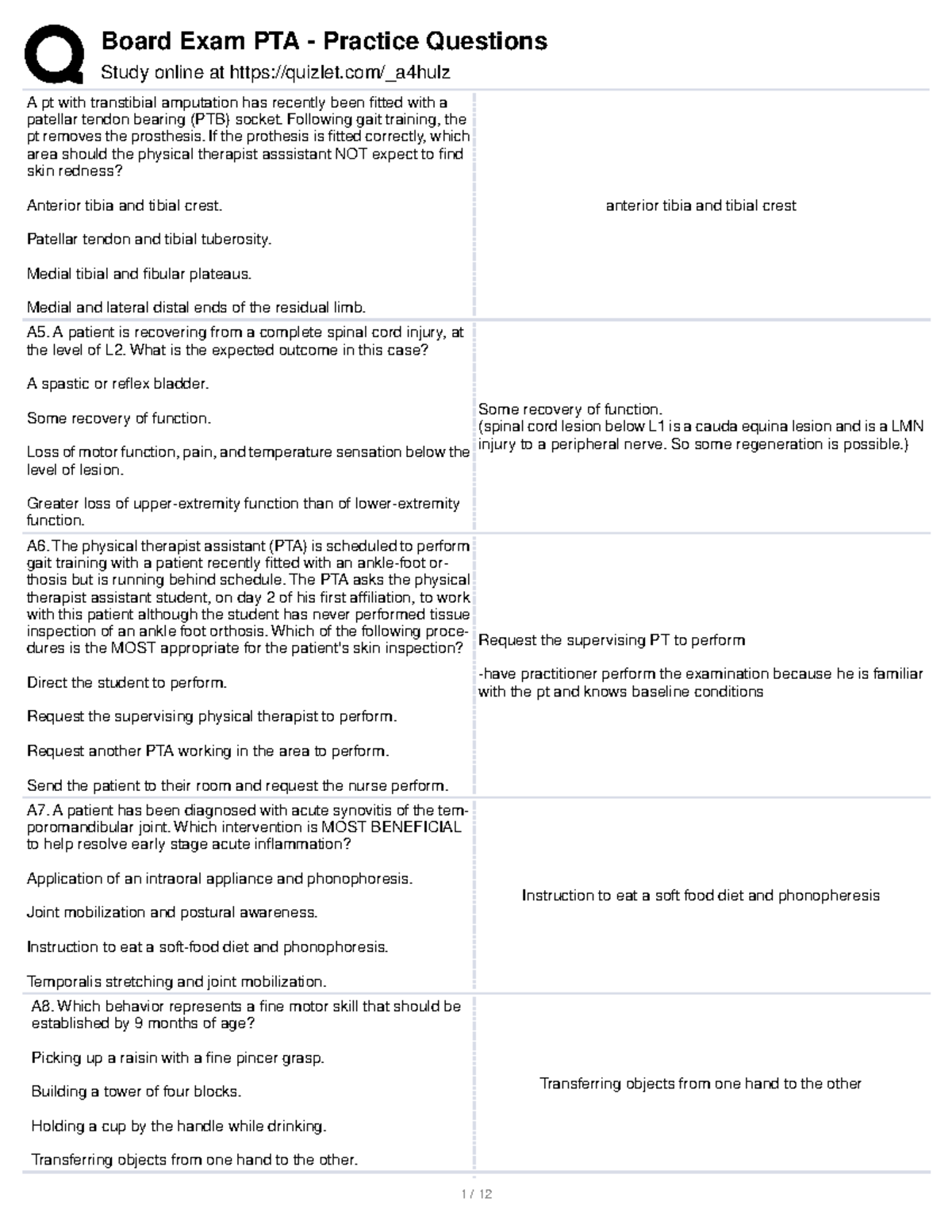 PTA Board Exam Quiz - Principles of Physical Therapy Review - Studocu