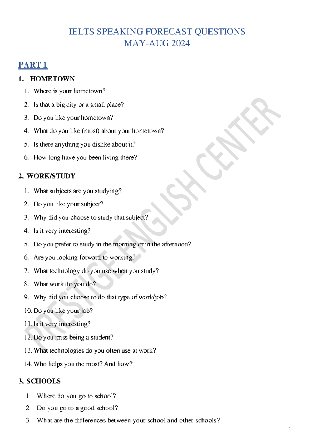 IELTS Speaking Forecast Questions 2024: Part 1 & 2 Overview - Studocu