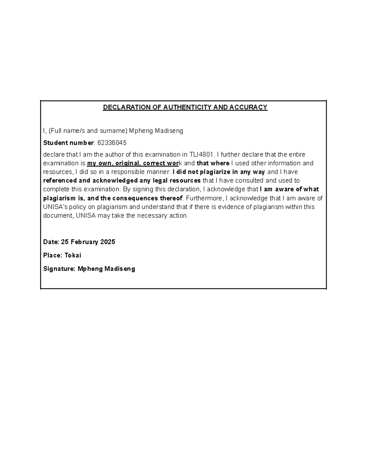 TLI4801 - Media Law Assignment 2: Declaration of Authenticity - Studocu
