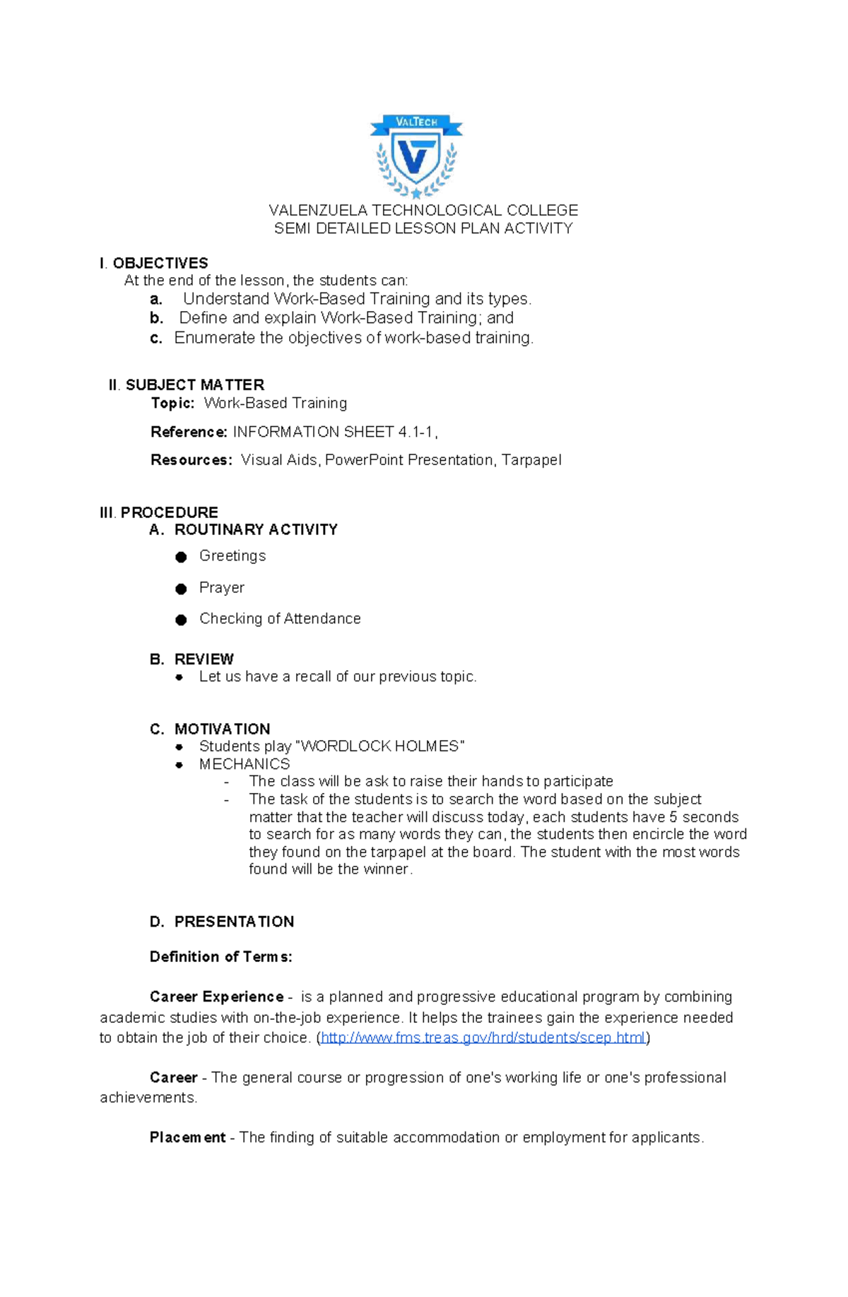 Final Lesson Plan on Work-Based Training (WBL) - SDLP by Banting, Berba ...