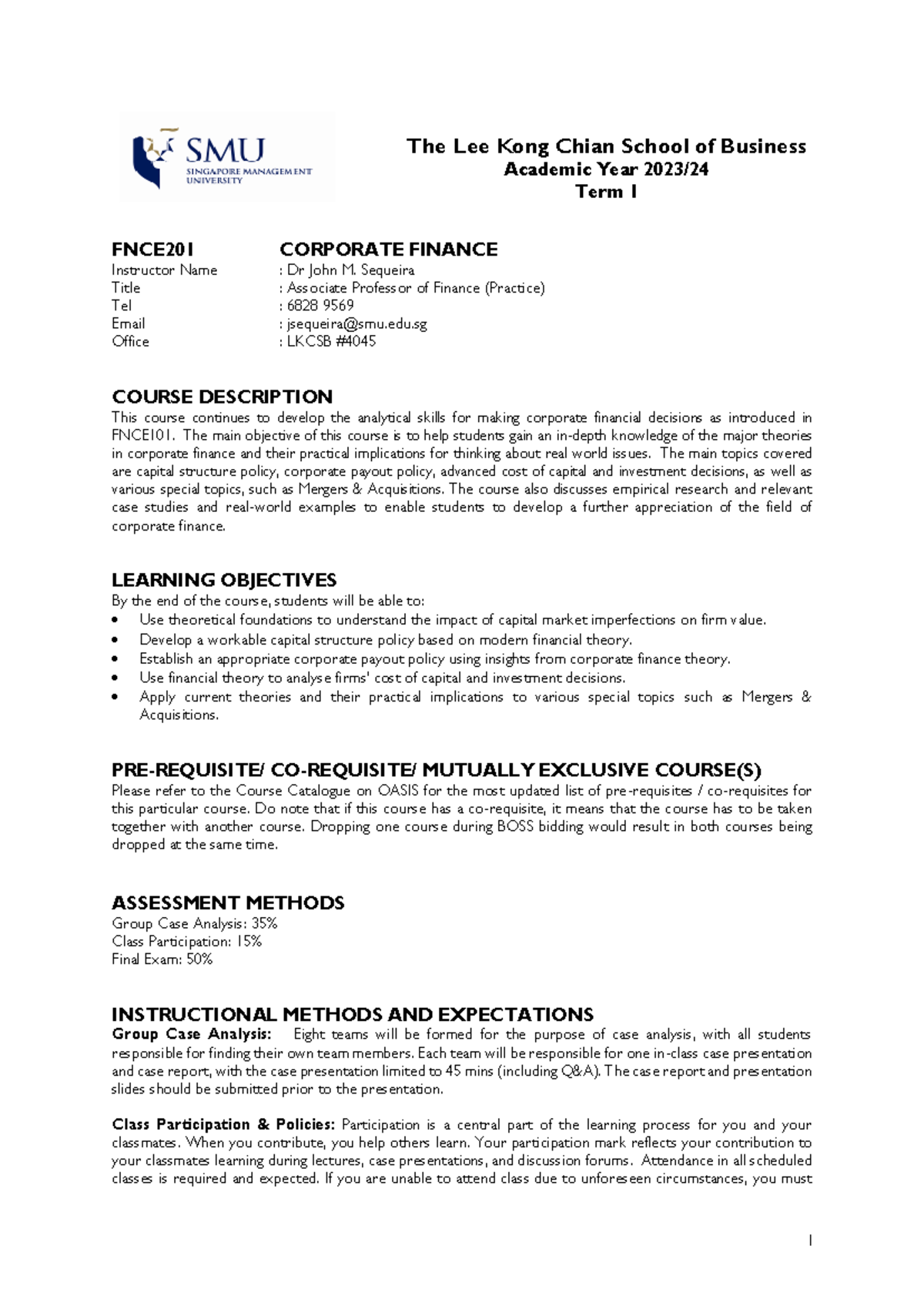 FNCE201 Corporate Finance Course Outline by Dr. John M. Sequeira - Studocu