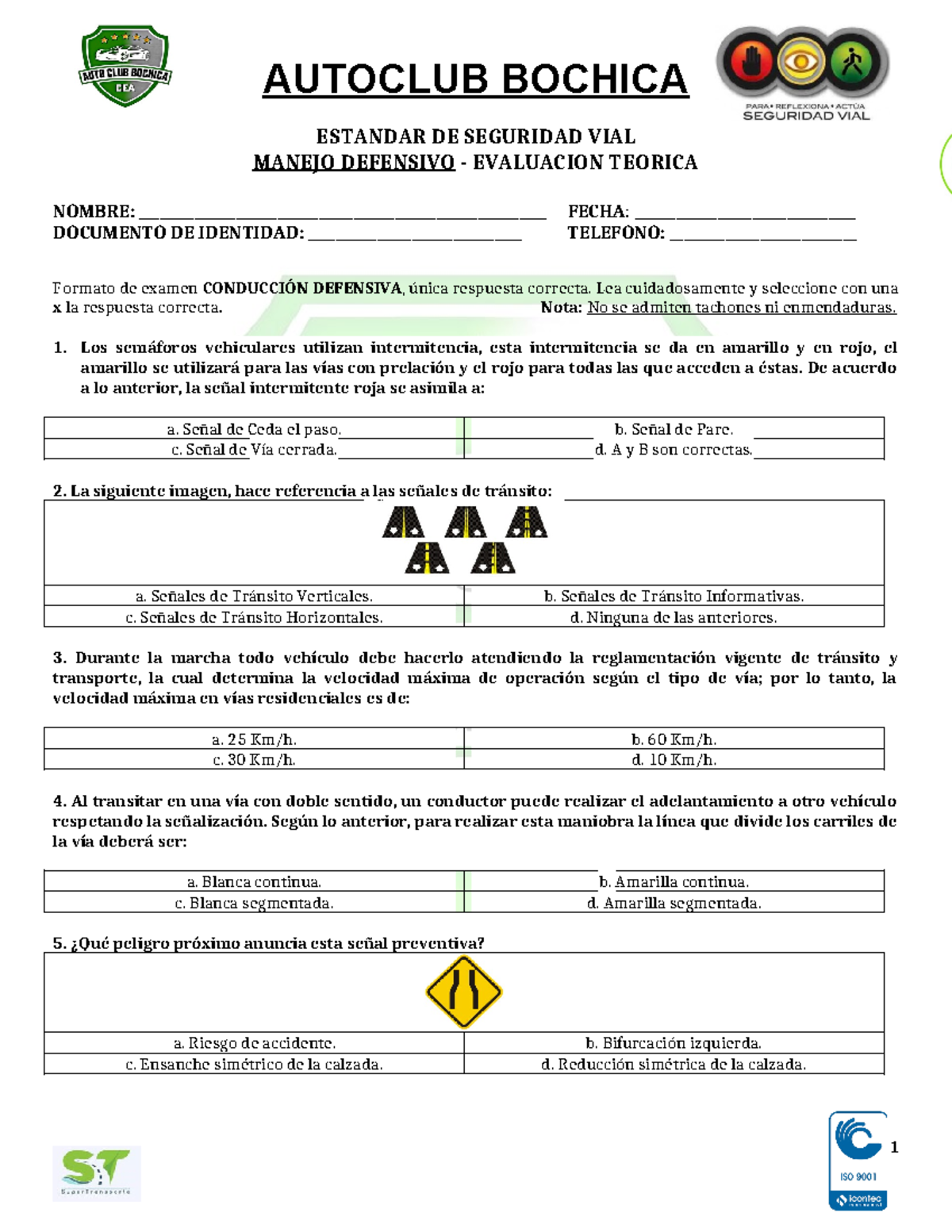 Examen - Manejo Defensivo -  Evaluación Teórica - CEA Auto Club Bochica - Document Preview