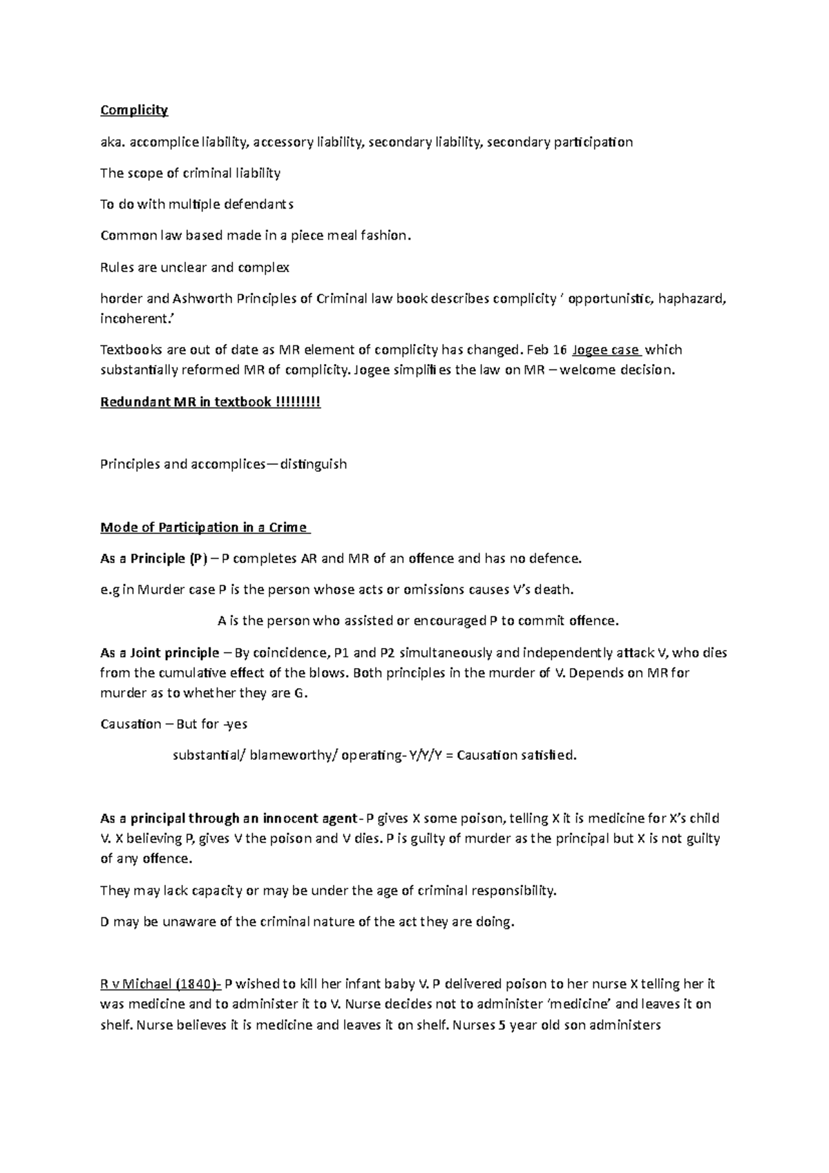 Complicity - Lecture notes 19 - Complicity aka. accomplice liability ...