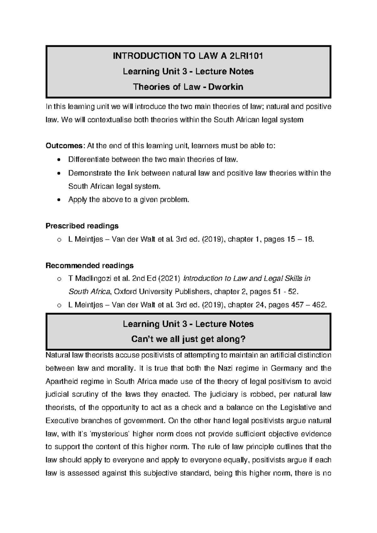 Learning Unit 3 - Lecture Notes on Dworkin's Theories of Law (A 2LRI101 ...