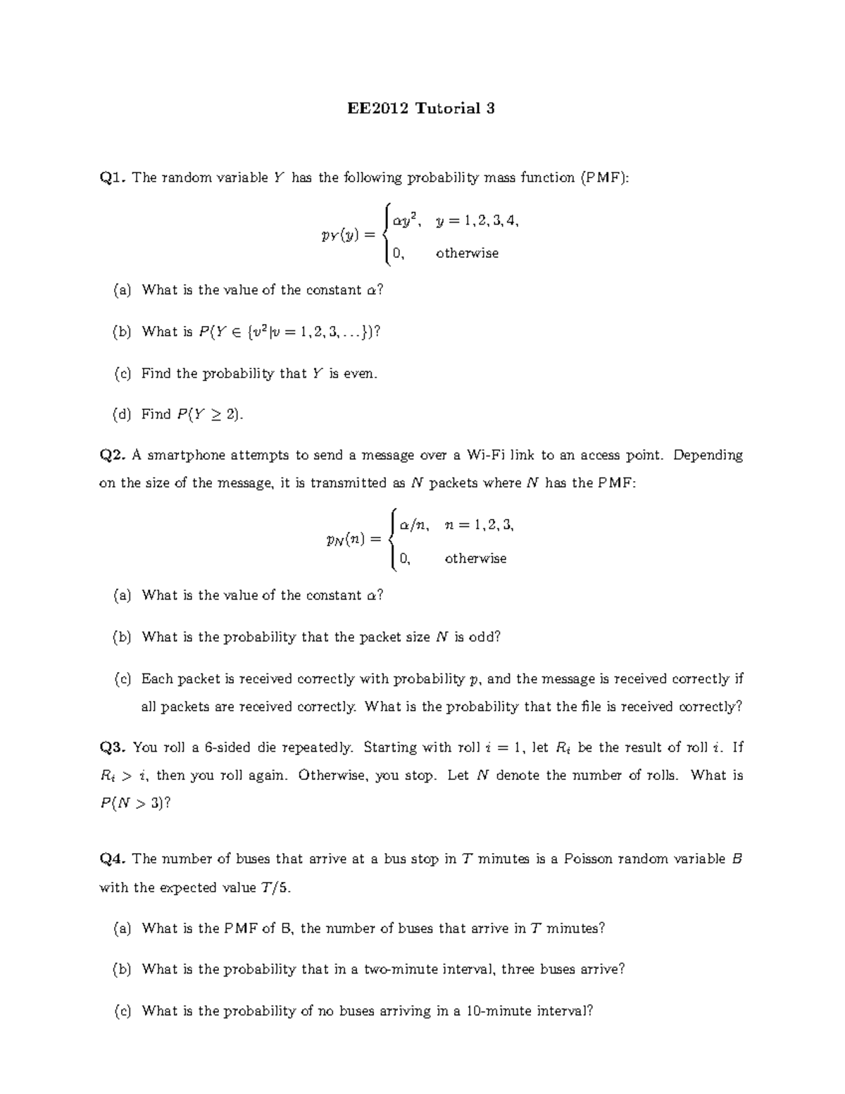 EE2012 Tutorial 3 - Probability Mass Functions and Applications - Studocu