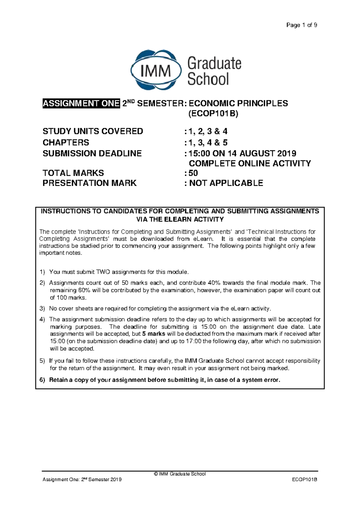 ECOP101B Assignment 1 Question Paper - © IMM Graduate School ASSIGNMENT ...