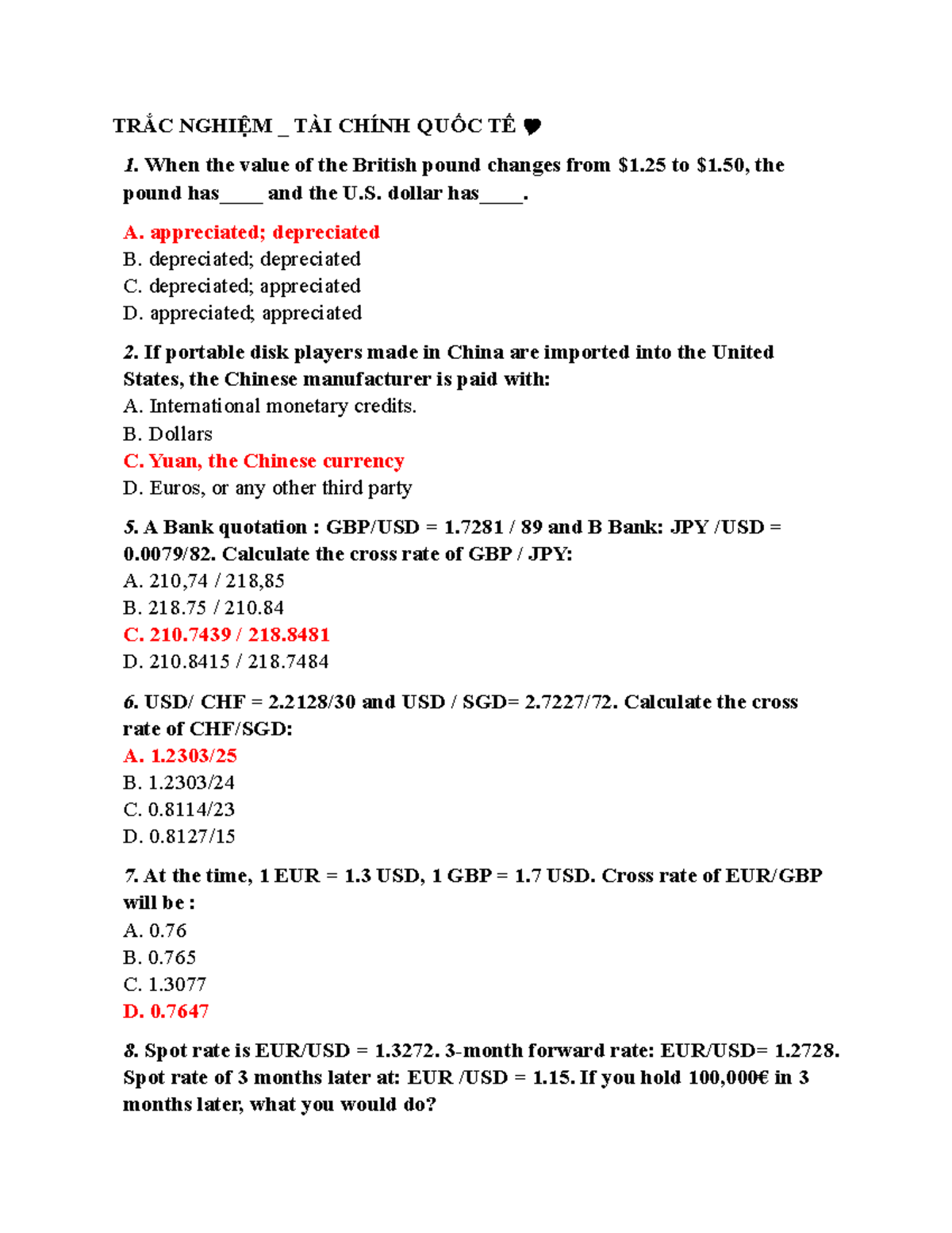 TRẮC NGHIỆM TÀI CHÍNH QUỐC TẾ: Câu Hỏi & Đáp Án 2023 - Studocu
