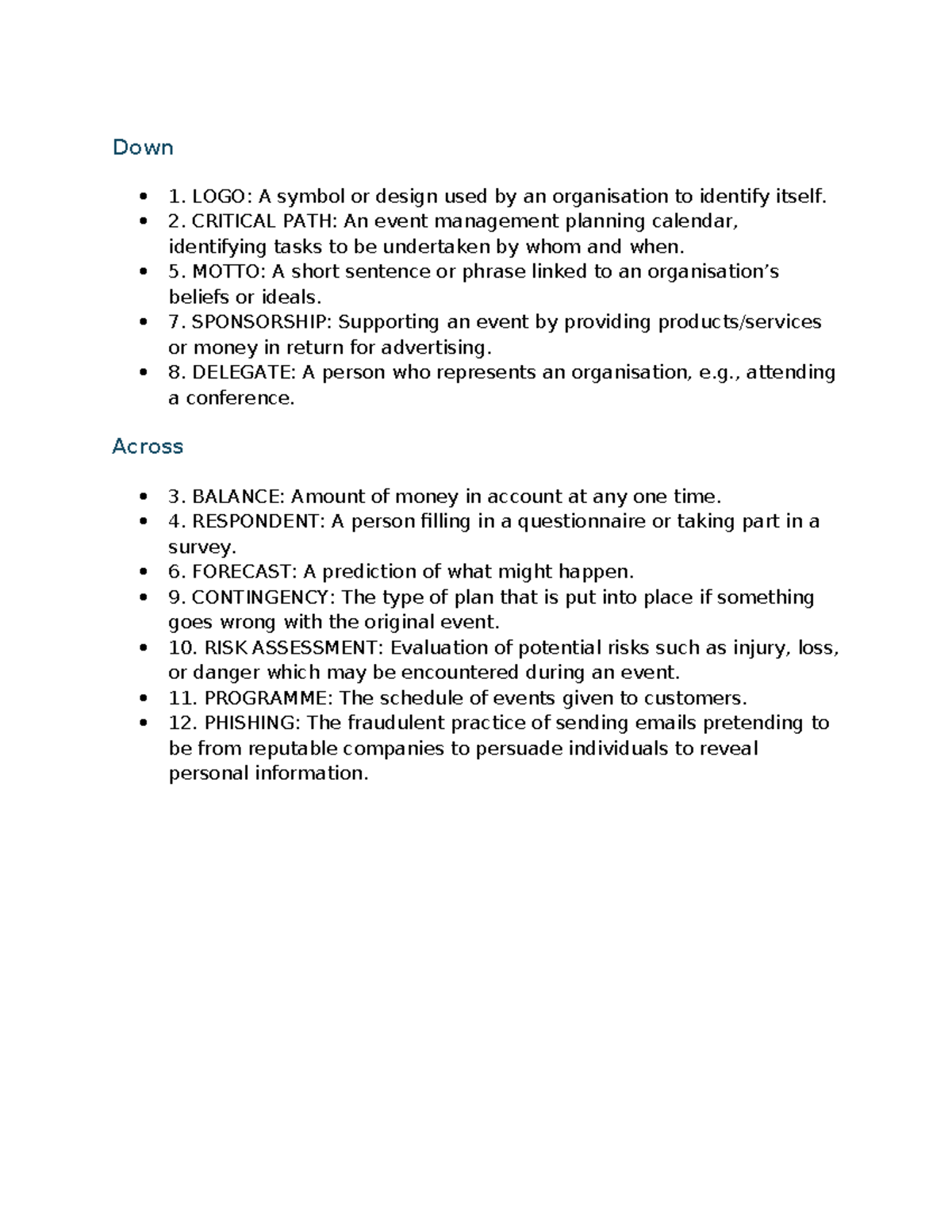Event Management Terminology - Lang Worksheet 2 - Studocu