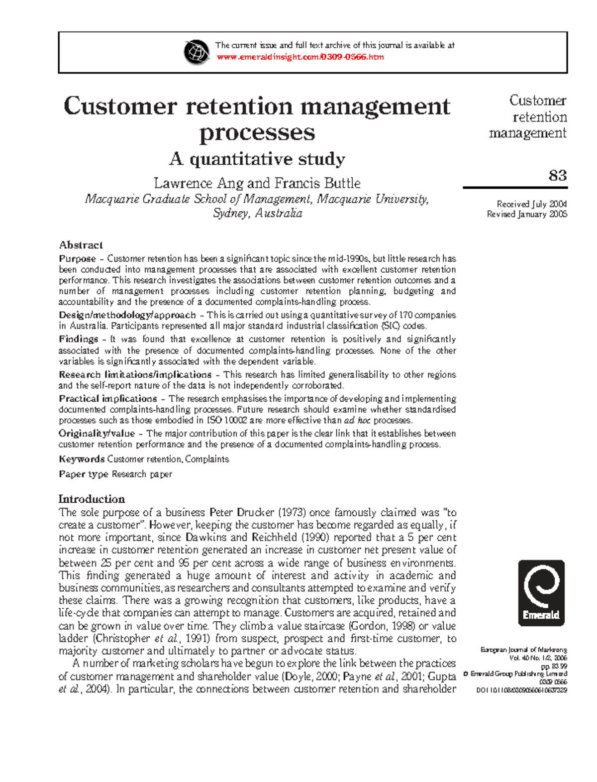 Customer Retention Management Processes: A Quantitative Study (MGSM ...