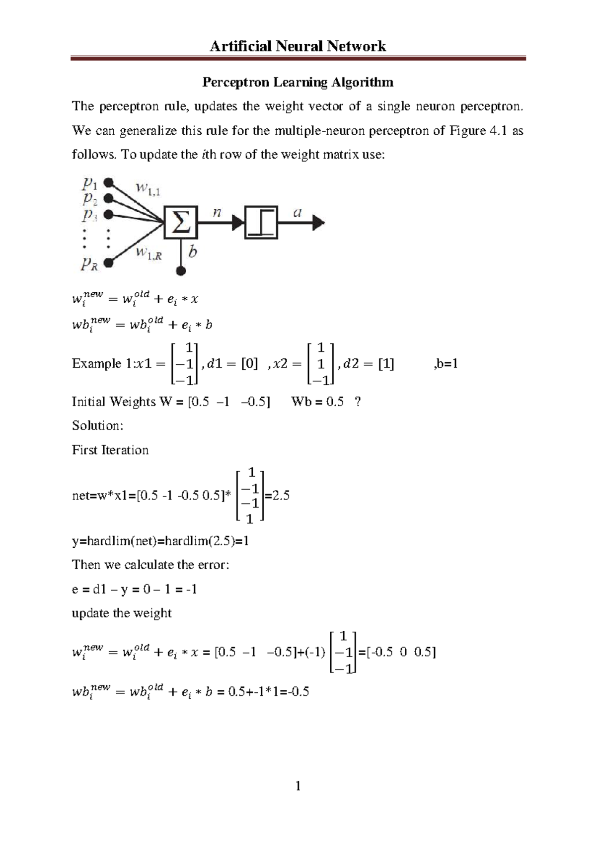 Artificial Neural Network Perceptron Learning Algorithm Notes Studocu