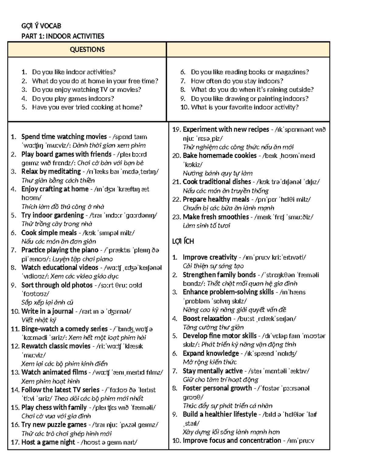 GỢI Ý VOCAB: Indoor & Outdoor Activities for Language Learning - Studocu