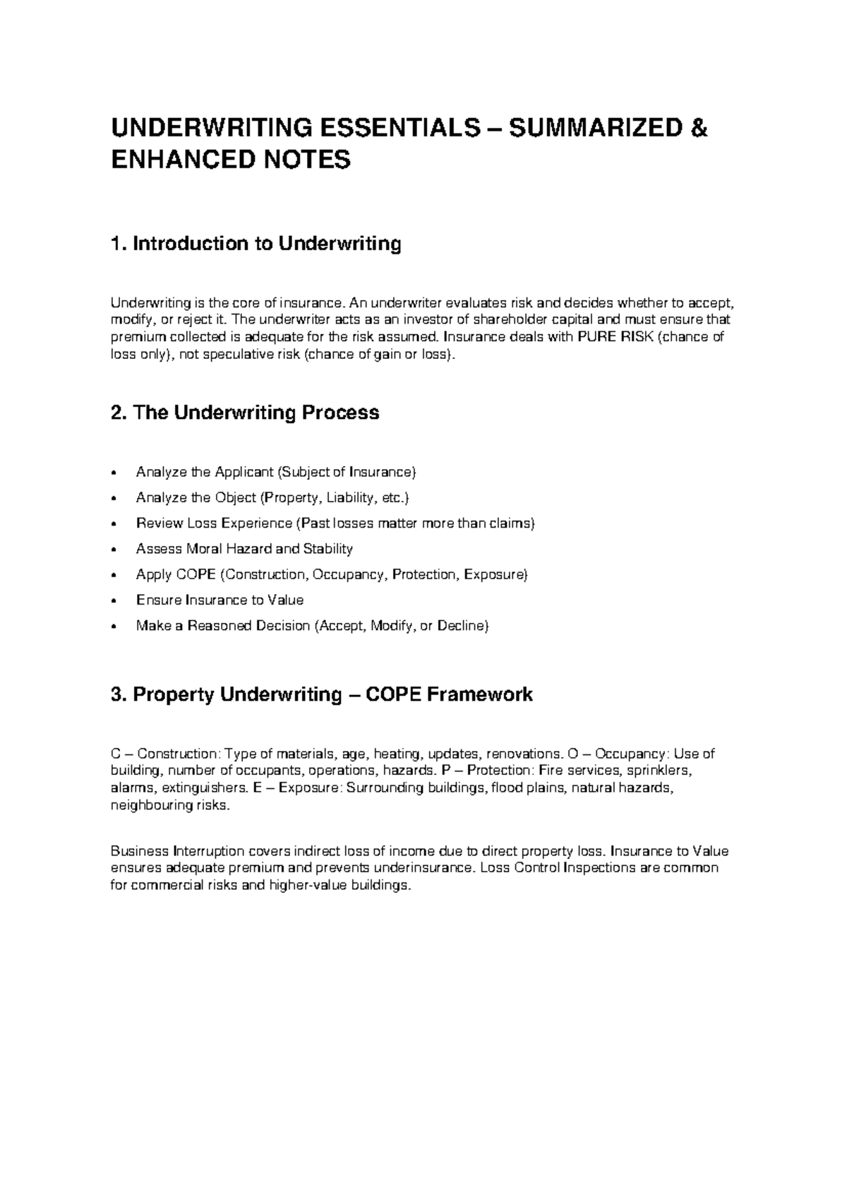 Underwriting Essentials (INS101) Final Exam Study Notes - Studocu