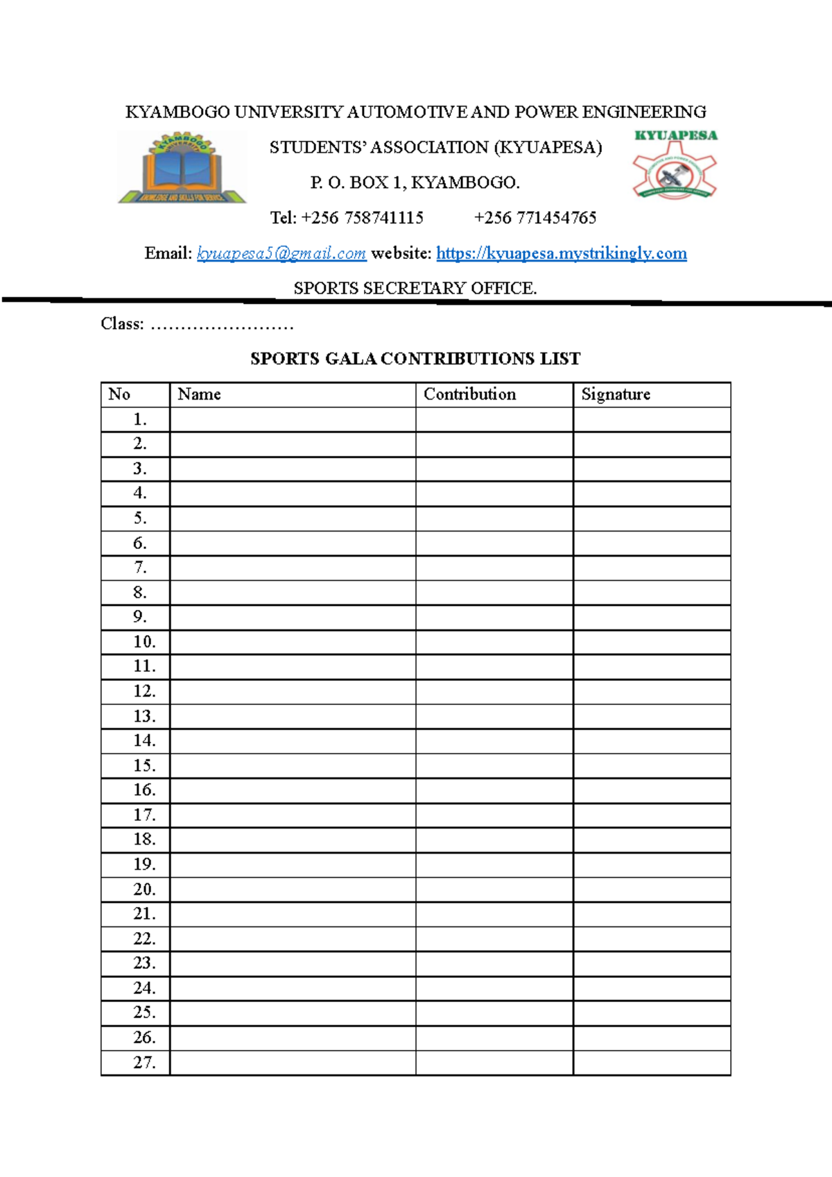 KYUAPESA Sports Gala Contributions List - Studocu
