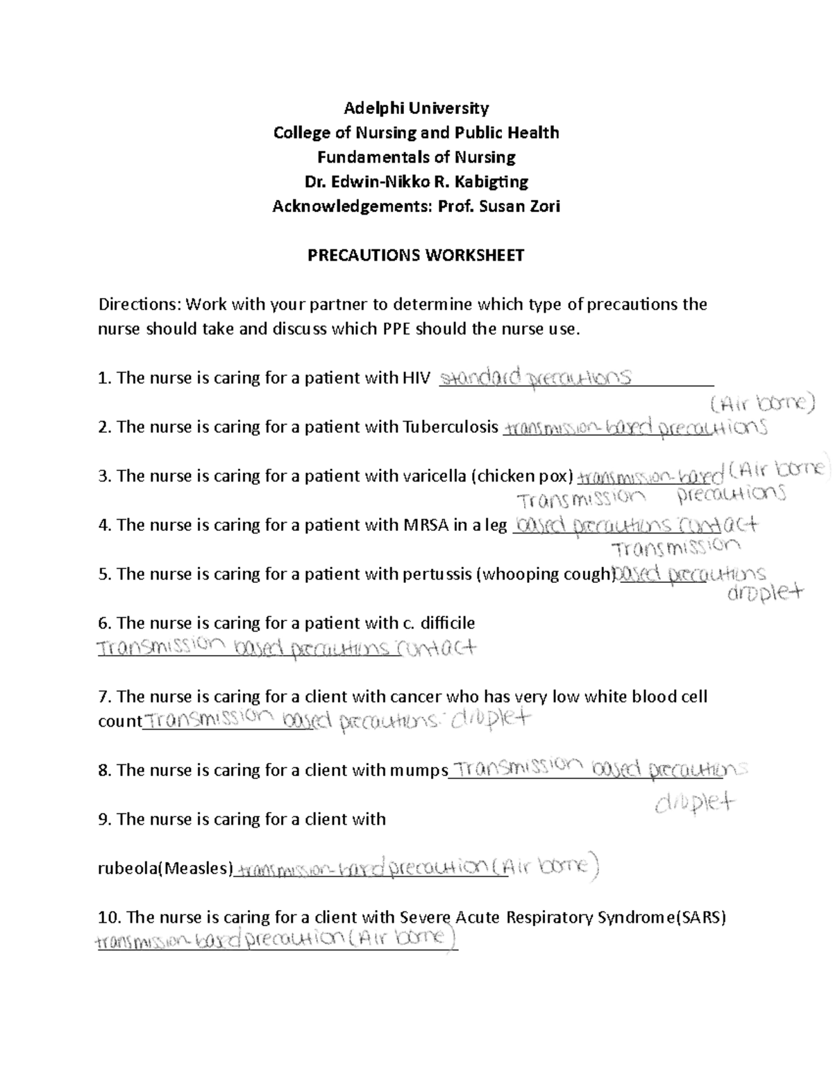 Precautions Exercise - Coursework - Adelphi University College of ...