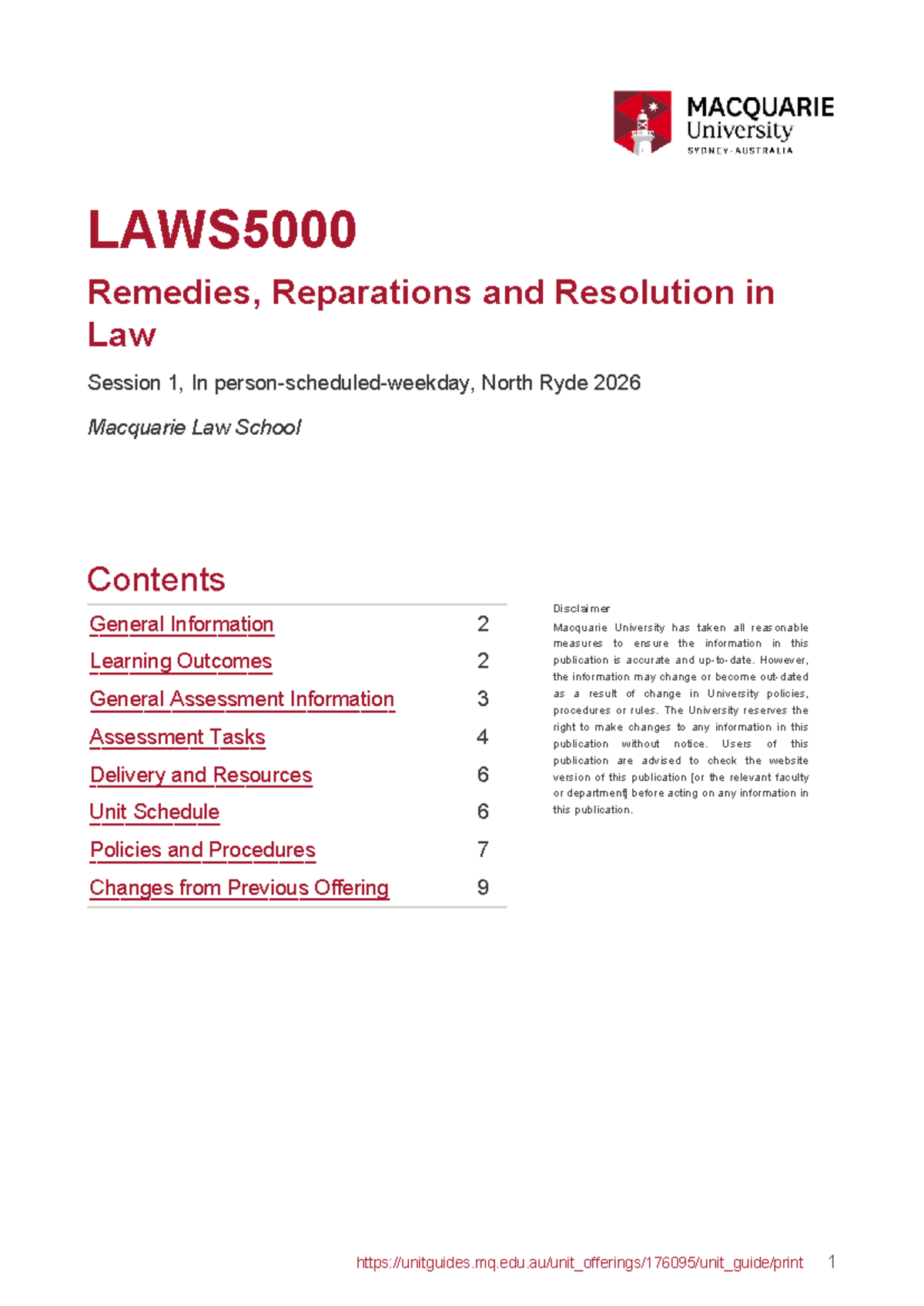 Unit Guide LAWS5000: Remedies, Reparations & Resolution in Law 2026 ...