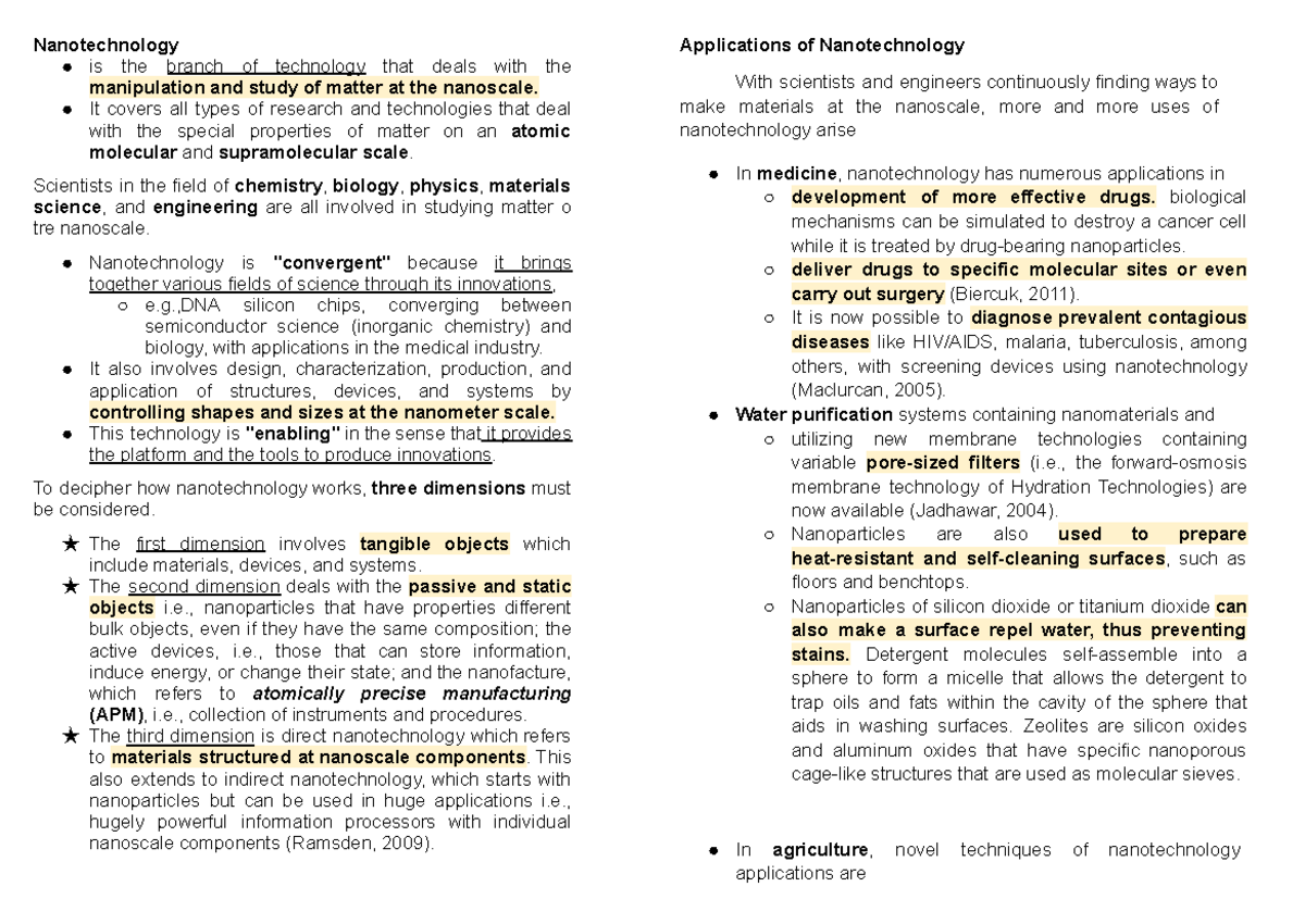 STS Reviewer - Comprehensive Overview of Nanotechnology - Studocu
