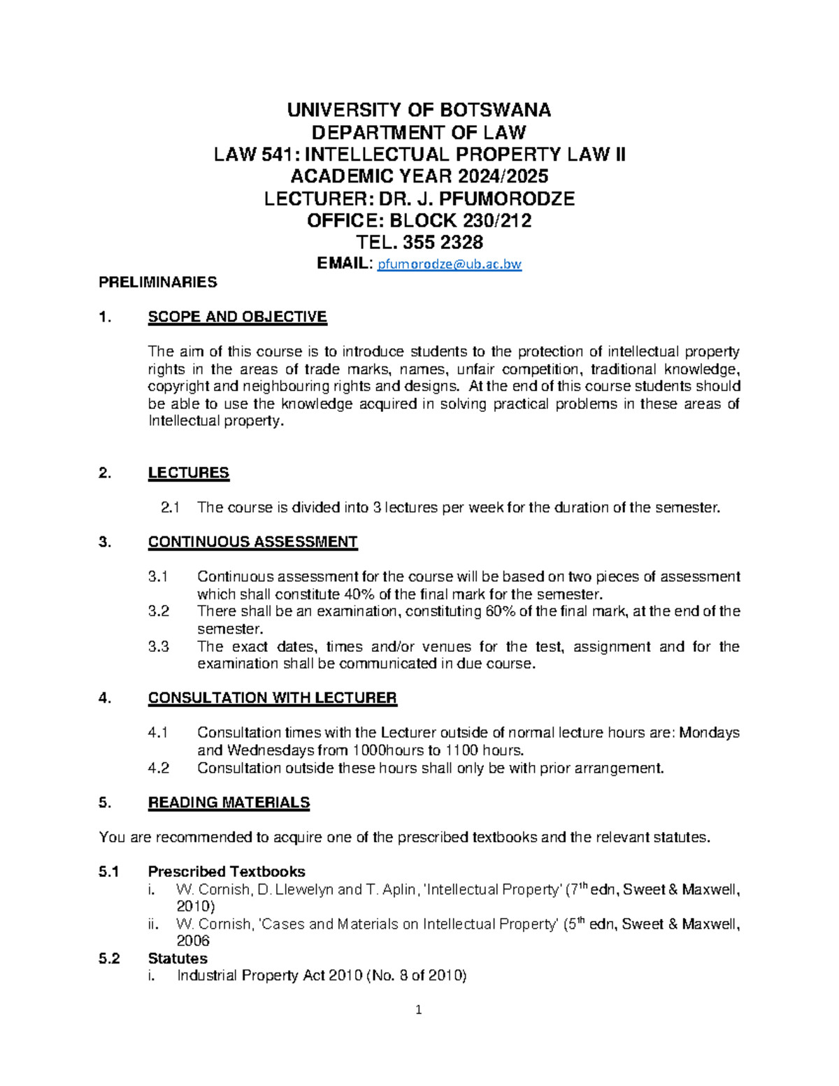 LAW 541 Intellectual Property LAW II Course Outline 2024 docx ...