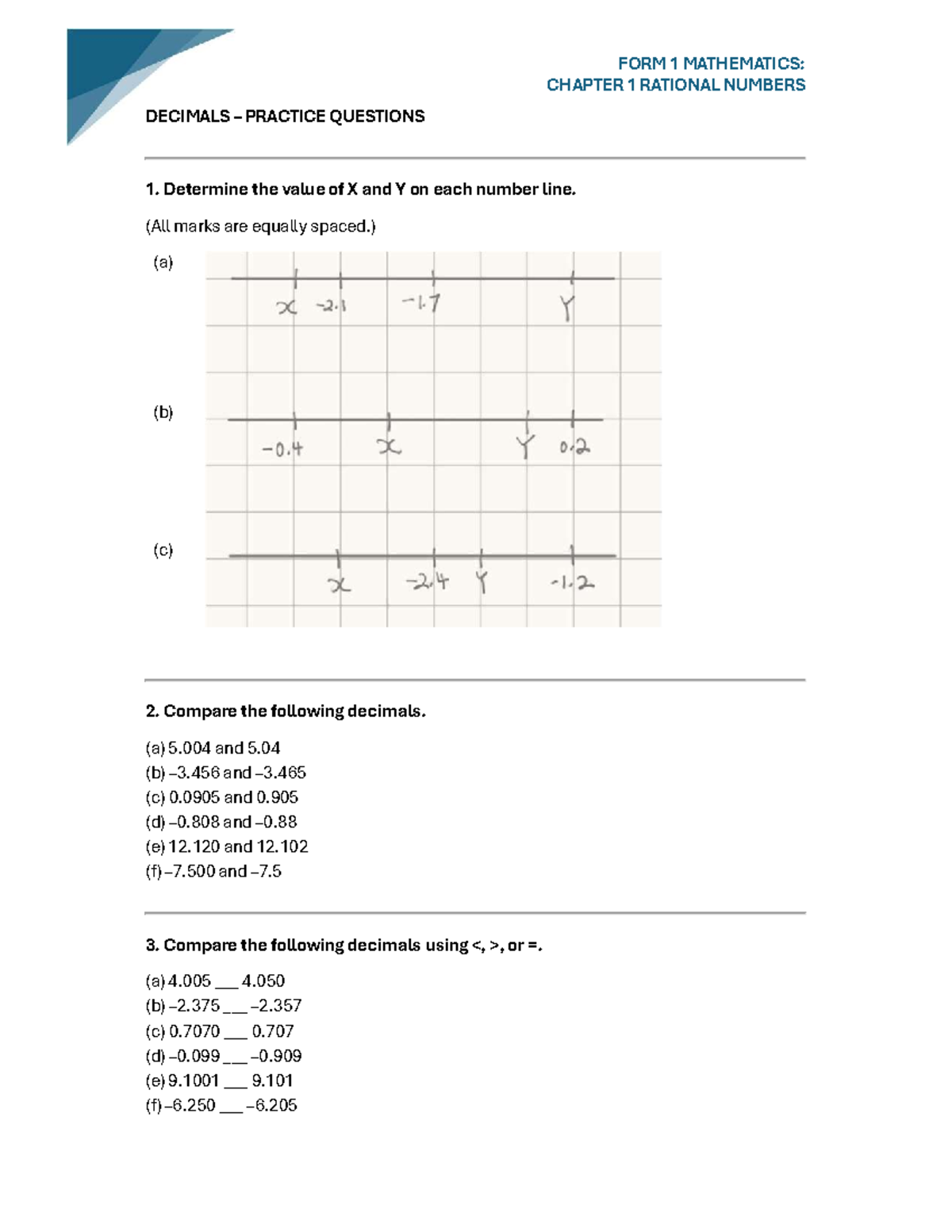 FORM 1 MATHEMATICS: CHAPTER 1 RATIONAL NUMBERS PRACTICE QUESTIONS - Studocu