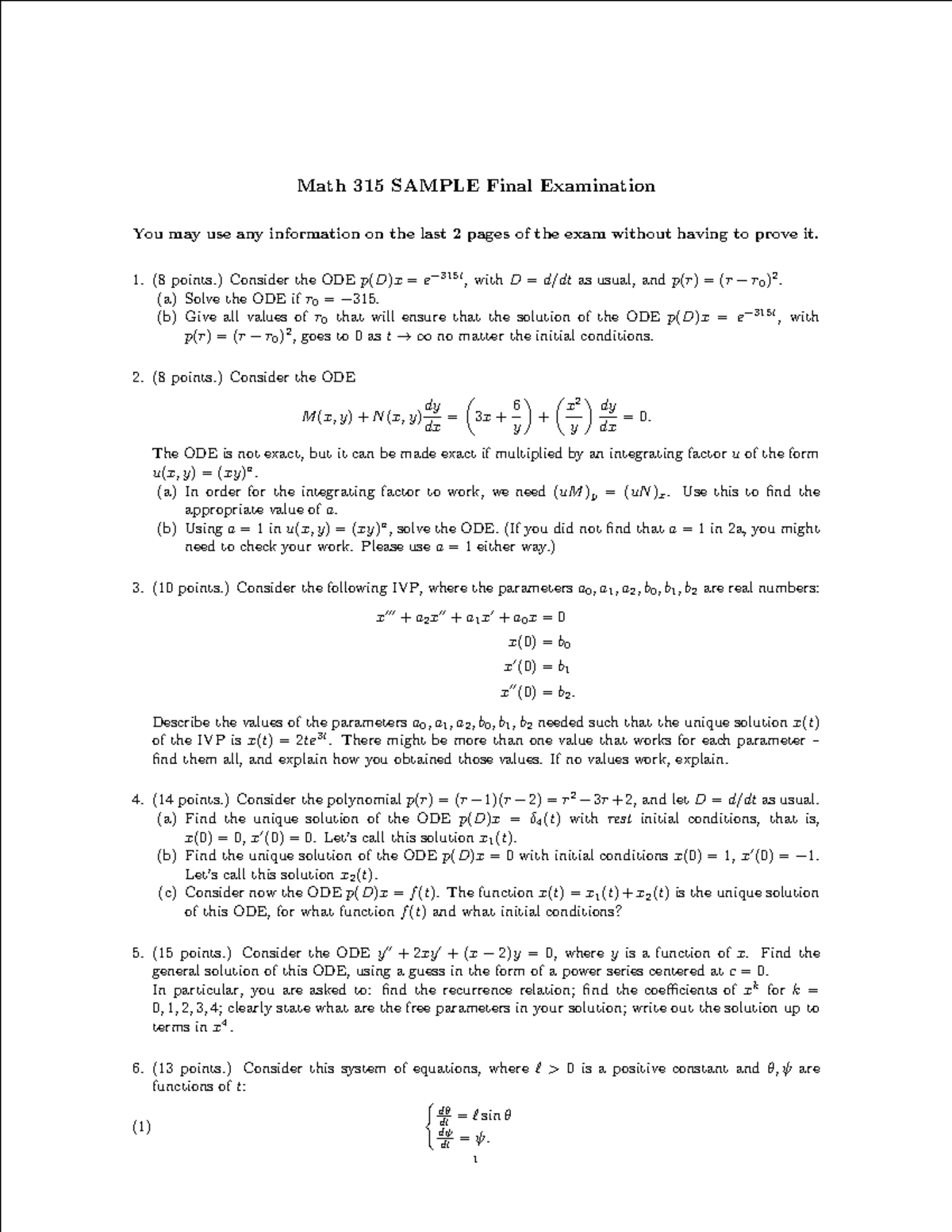 Math 315 Final Exam Sample - ODEs and System Solutions - Studocu