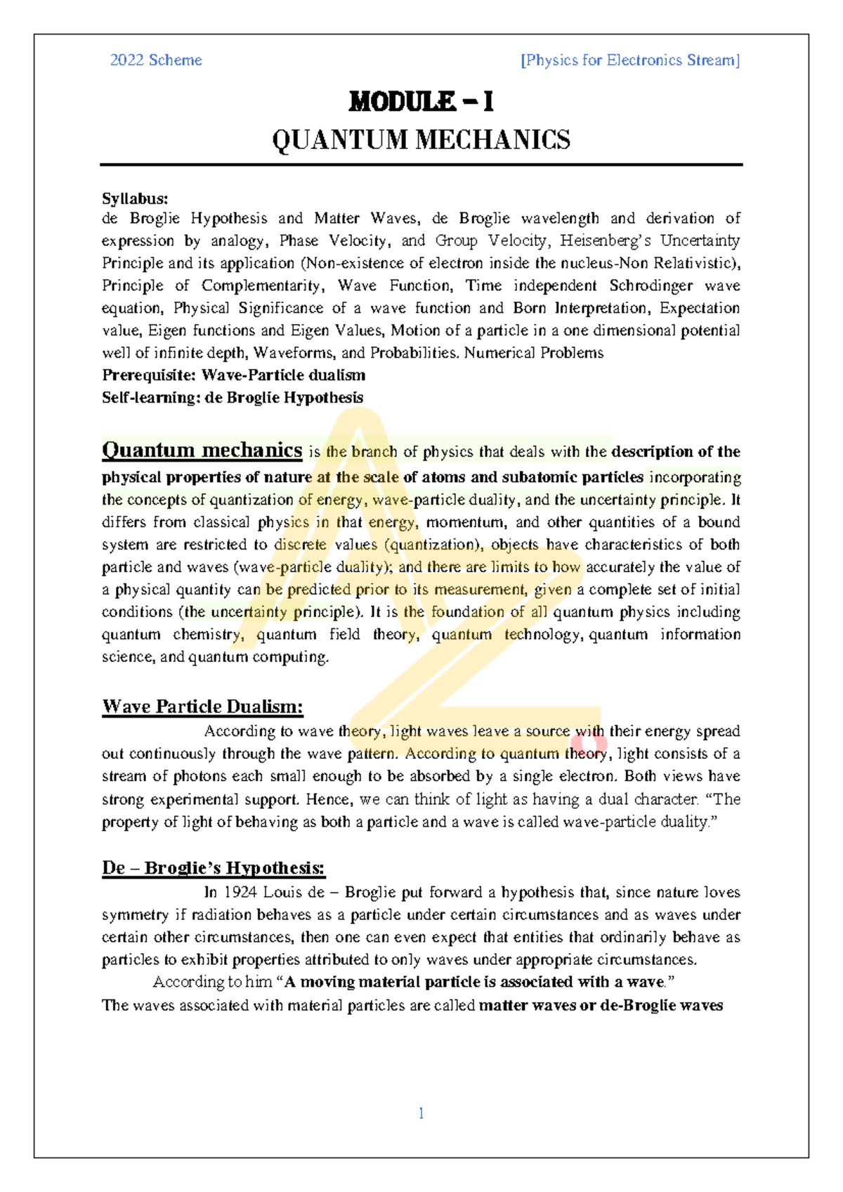 Bphye 102 Mod1: Quantum Mechanics Syllabus Overview and Key Concepts ...